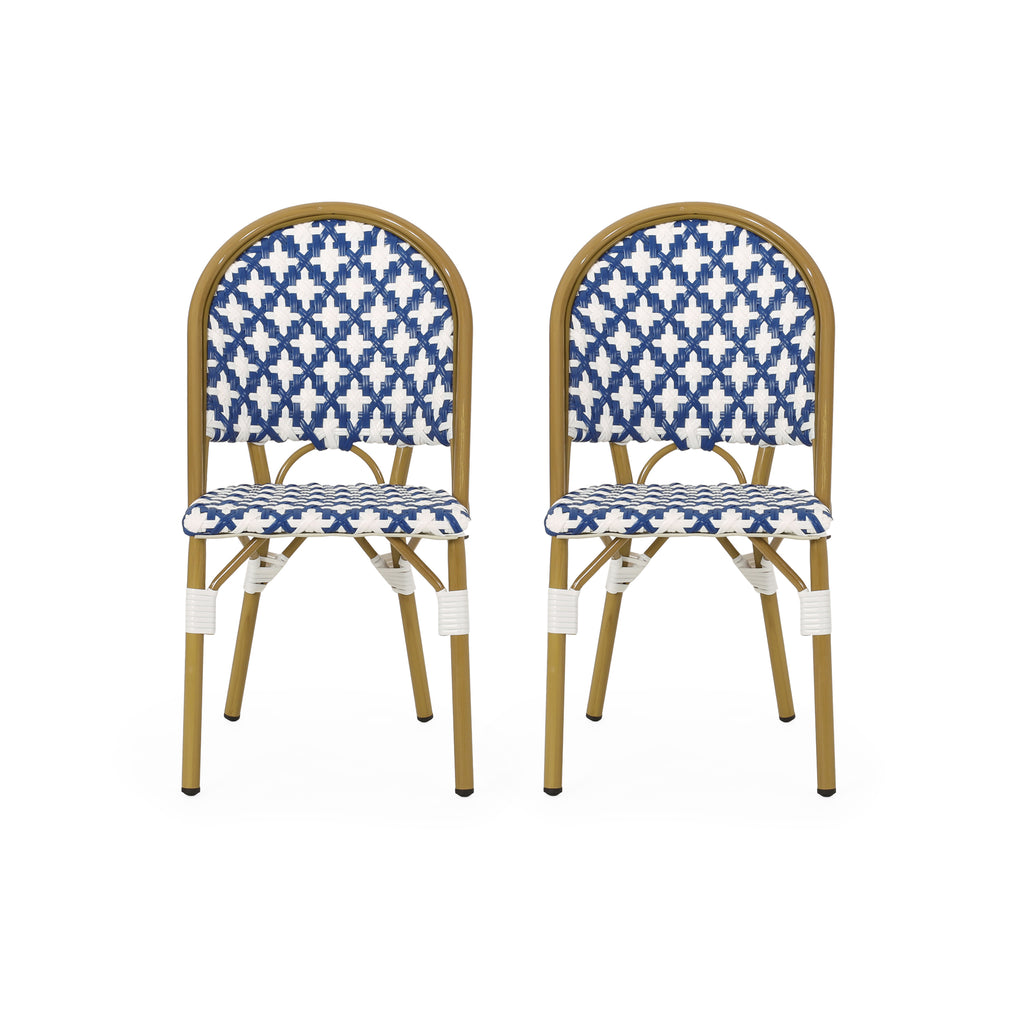 Elegant French Bistro Chair Set with Durable Aluminum Frame and Polyethylene Rattan in White and Navy