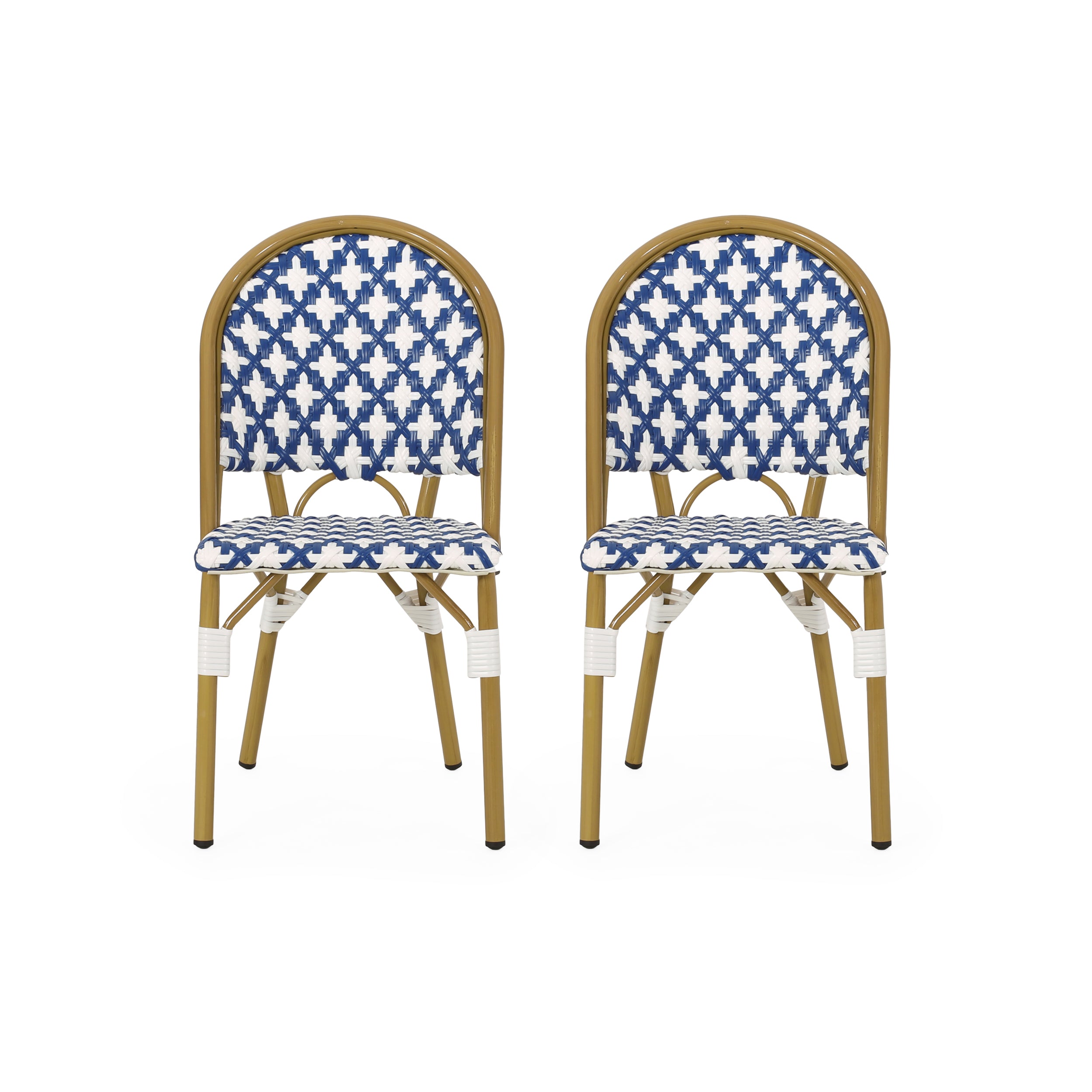 Elegant French Bistro Chair Set with Durable Aluminum Frame and Polyethylene Rattan in White and Navy
