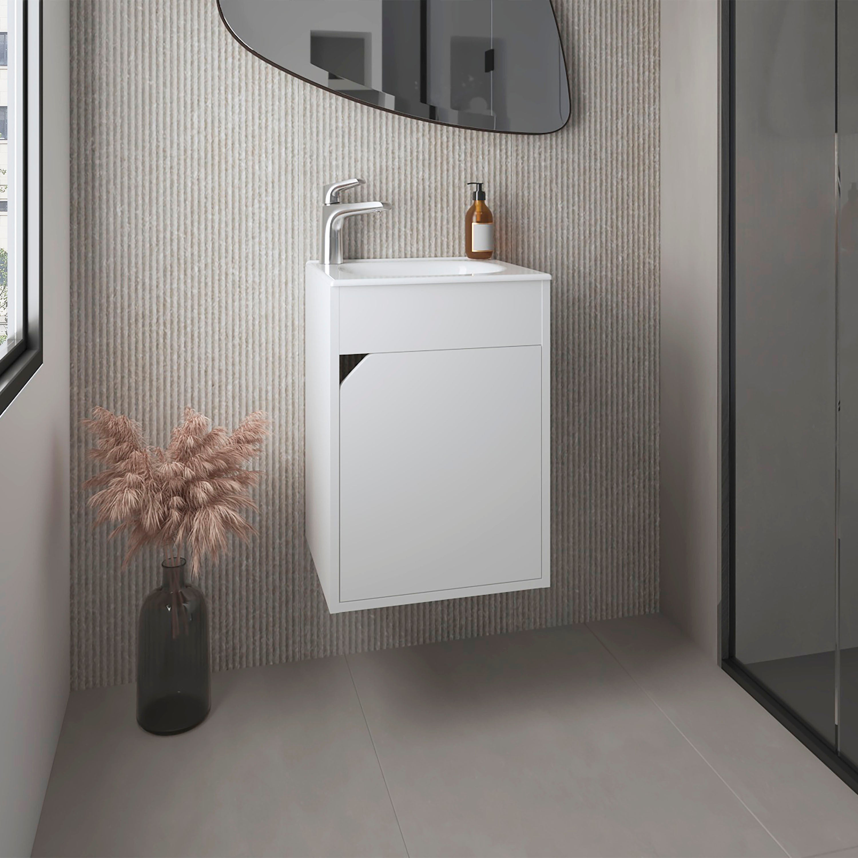 Bethel Floating Wide One-Door Vanity With Resin Sink And Two Shelves, Bathroom Storage, White