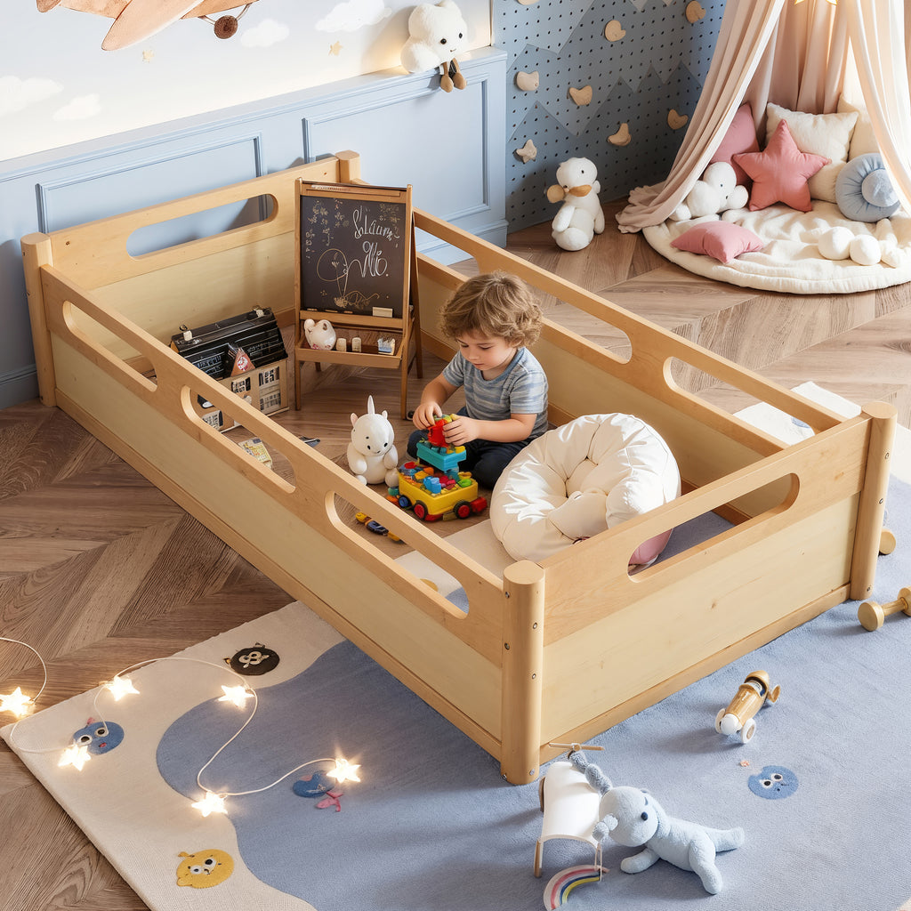 Twin Size Floor Platform Bed with Full-length Guardrails, Low Profile Twin Bed Frame, No Box Spring Needed,Natural