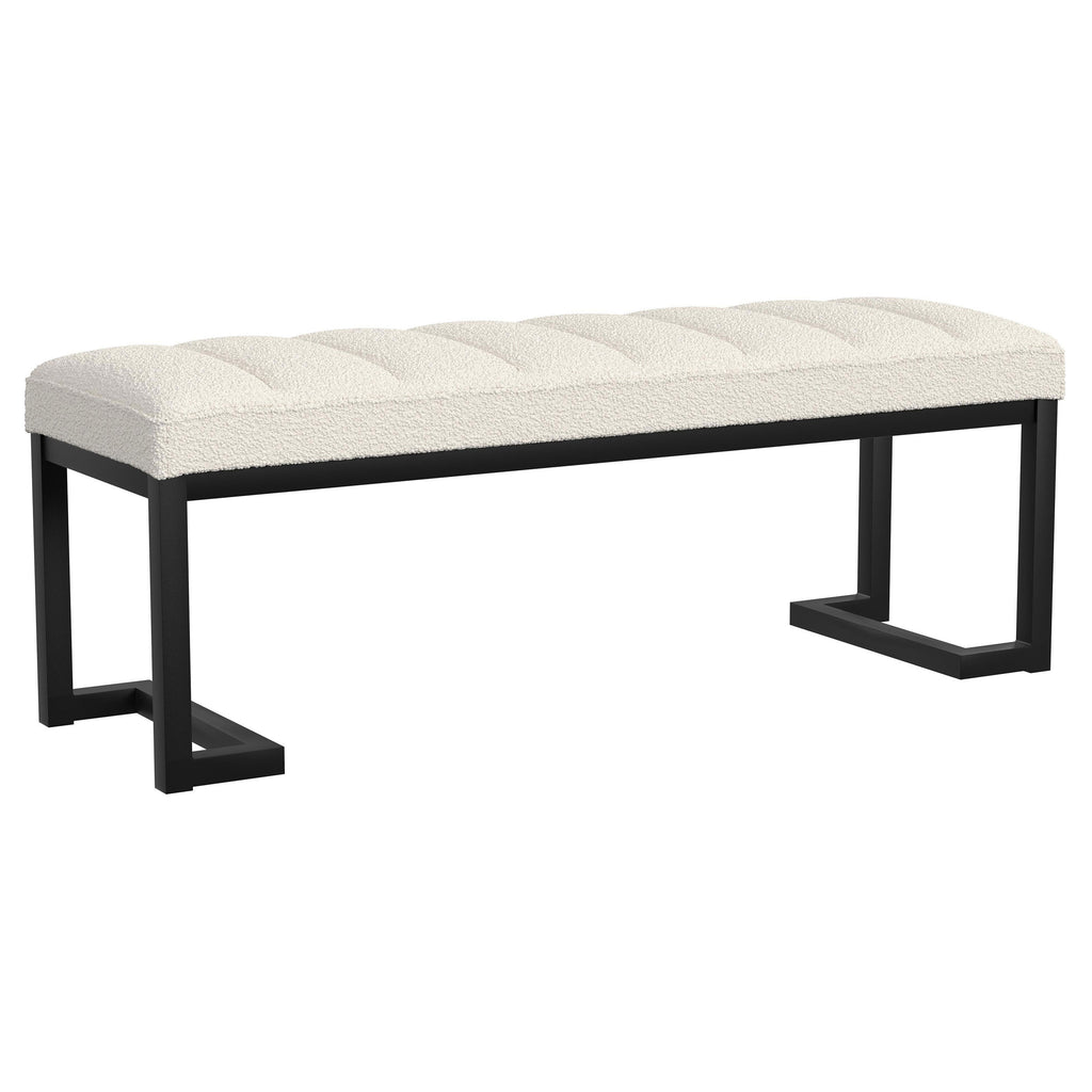 Mira Vanilla Boucle Upholstered Tufted Accent Bench in Vanilla White with Metal Frame and Textured Fabric