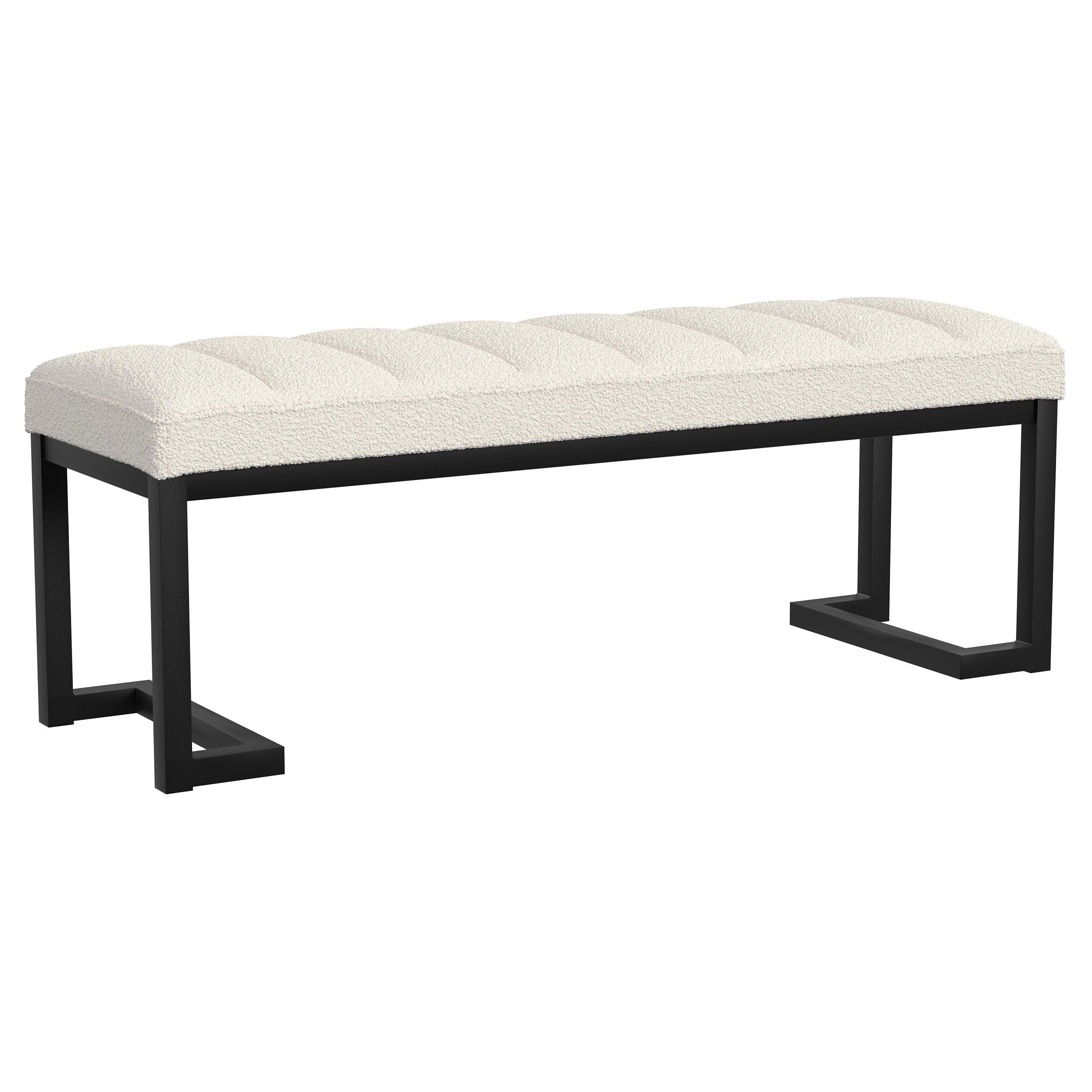 Mira Vanilla Boucle Upholstered Tufted Accent Bench in Vanilla White with Metal Frame and Textured Fabric