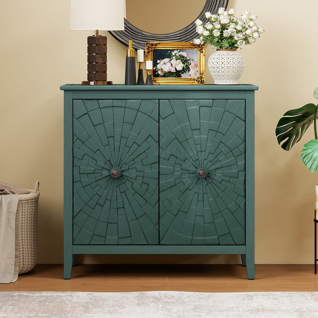 Vintage Sideboard Cabinet with Carved Roman Column Legs, Hand-Painted Green Finish, Hidden Storage Compartments, Reinforced Structure, Raised Base for Easy Cleaning, for Living & Dining Room