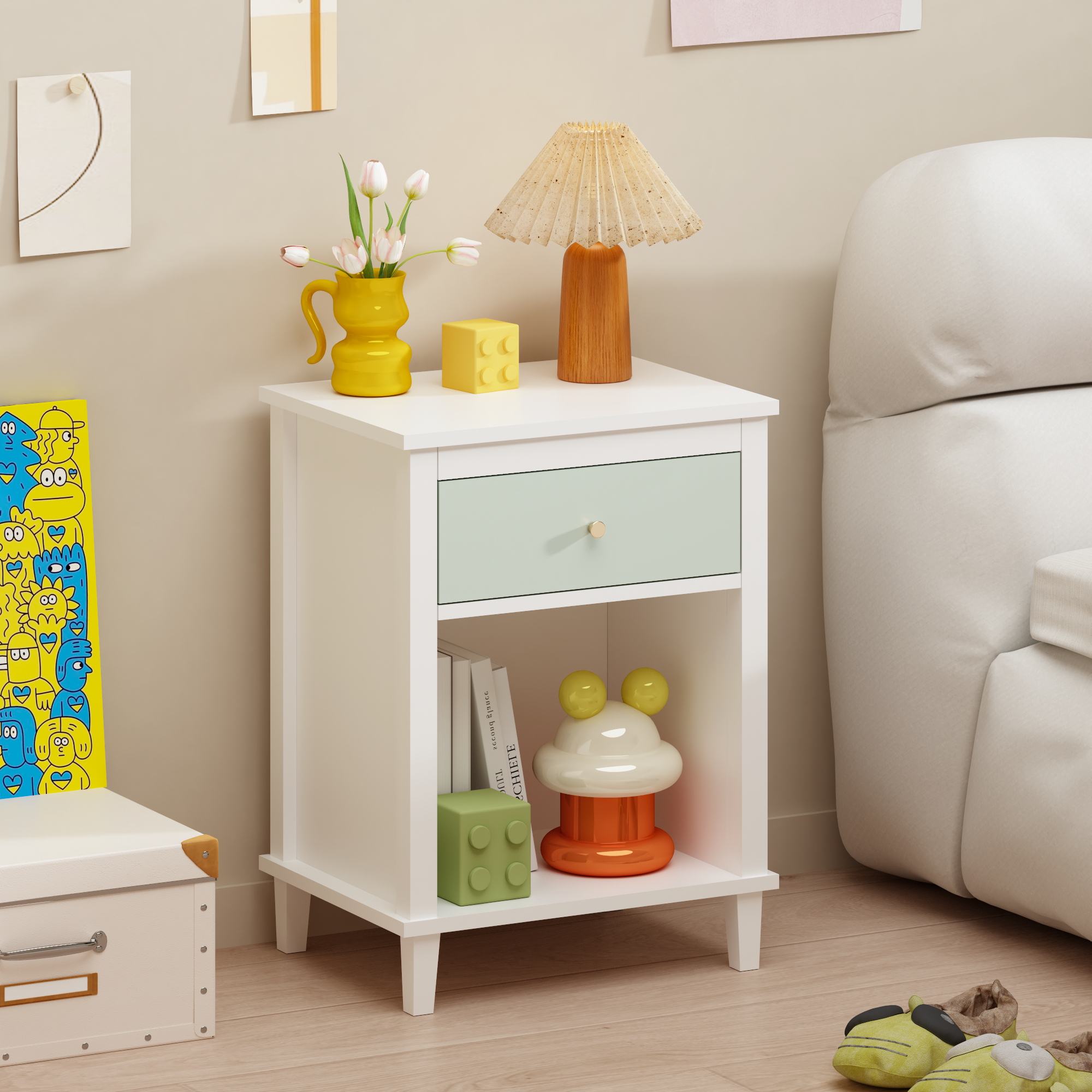 26.77''H Wooden Nightstand with One Drawer One Shelf for Kids, Adults, Sage+Golden handle