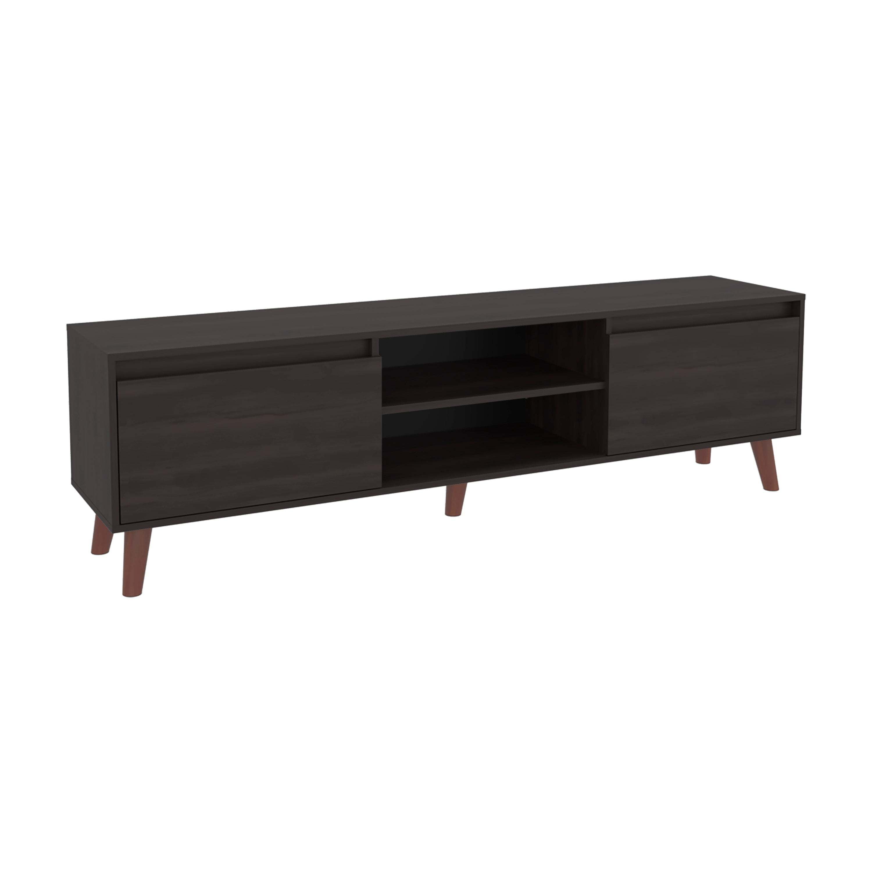 Stained Walnut TV Stand with Cabinets and Open Shelf