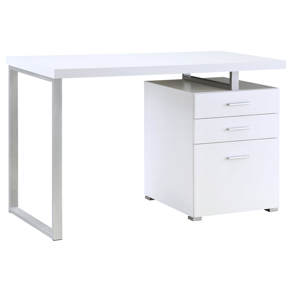 White 3-Drawer Reversible Office Desk with Silver Metal Legs and Veneer Finish, 47.25in W x 23.5in D x 30in H