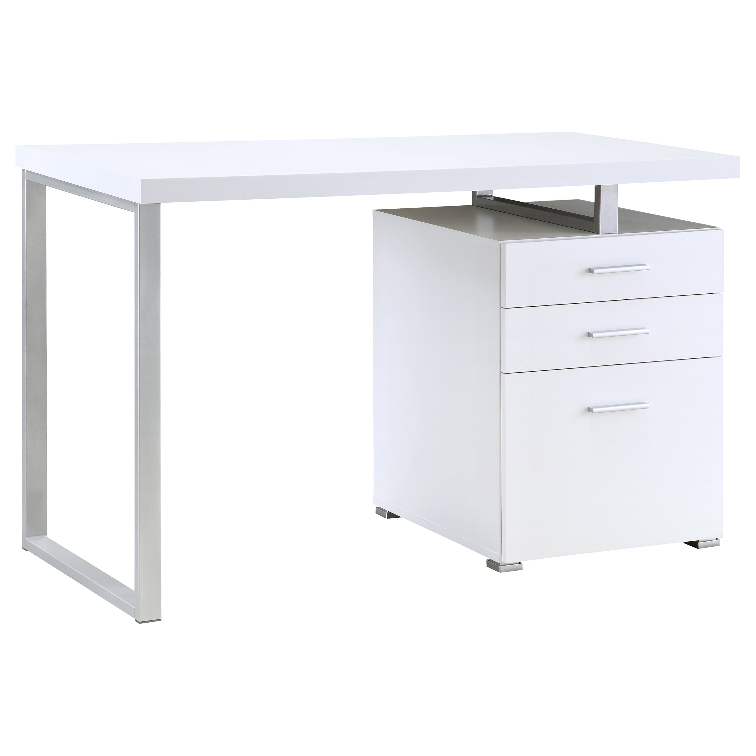 White 3-Drawer Reversible Office Desk with Silver Metal Legs and Veneer Finish, 47.25in W x 23.5in D x 30in H