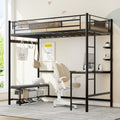 Twin size loft bed frame with storage. Easy to assemble. The slats are securely fastened to the metal frame with a buckle design and no springs are required.