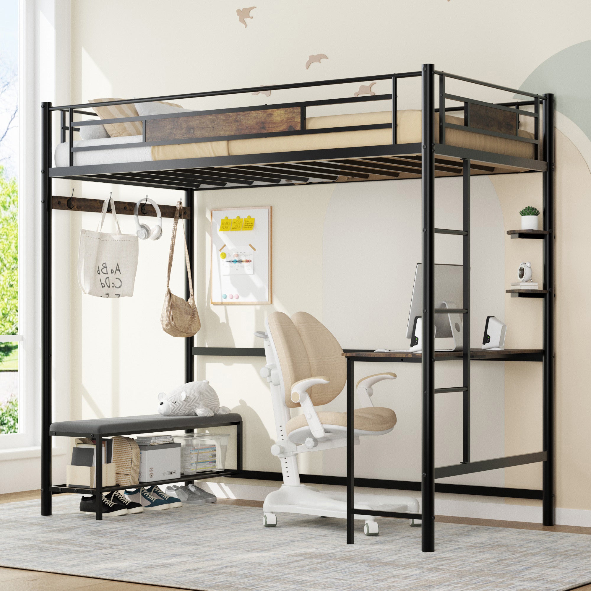 Twin size loft bed frame with storage. Easy to assemble. The slats are securely fastened to the metal frame with a buckle design and no springs are required.