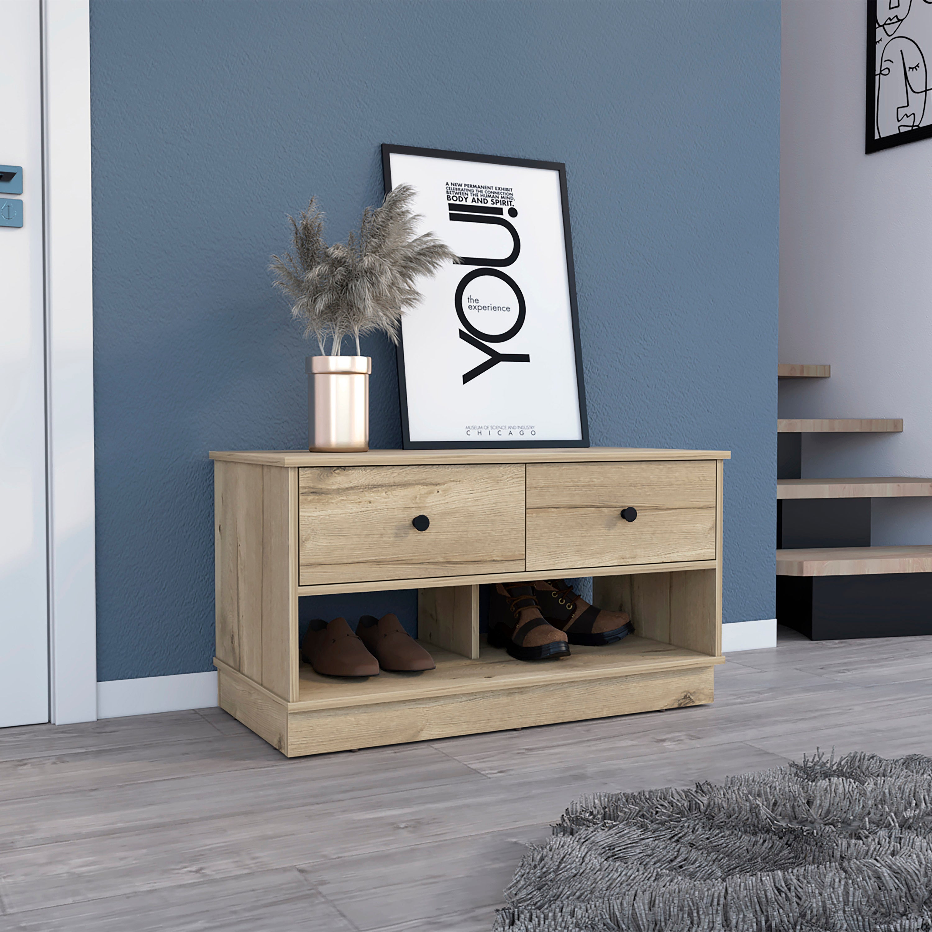 Light Oak Rectangle 2-Shelf 2-Drawer Storage Bench