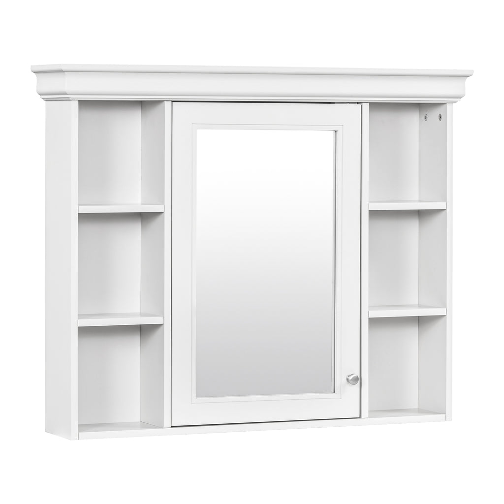 Modern White Wall-Mounted Bathroom Cabinet with Mirror Door, 35'' x 28'' Storage Cabinet with 6 Open Shelves and Adjustable Interior, MDF & Glass Construction