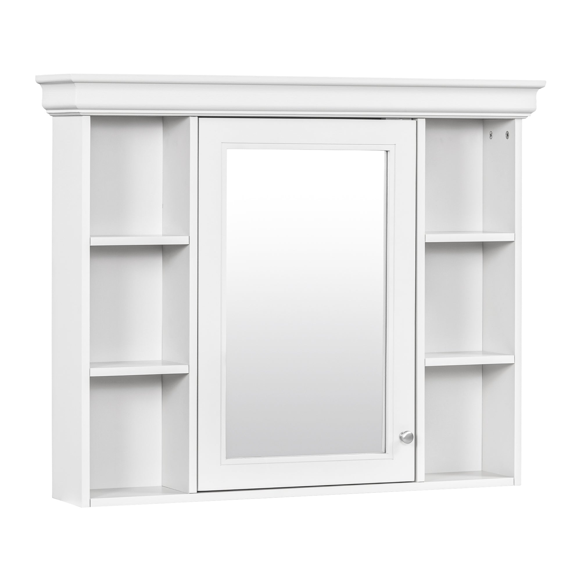 Modern White Wall-Mounted Bathroom Cabinet with Mirror Door, 35'' x 28'' Storage Cabinet with 6 Open Shelves and Adjustable Interior, MDF & Glass Construction
