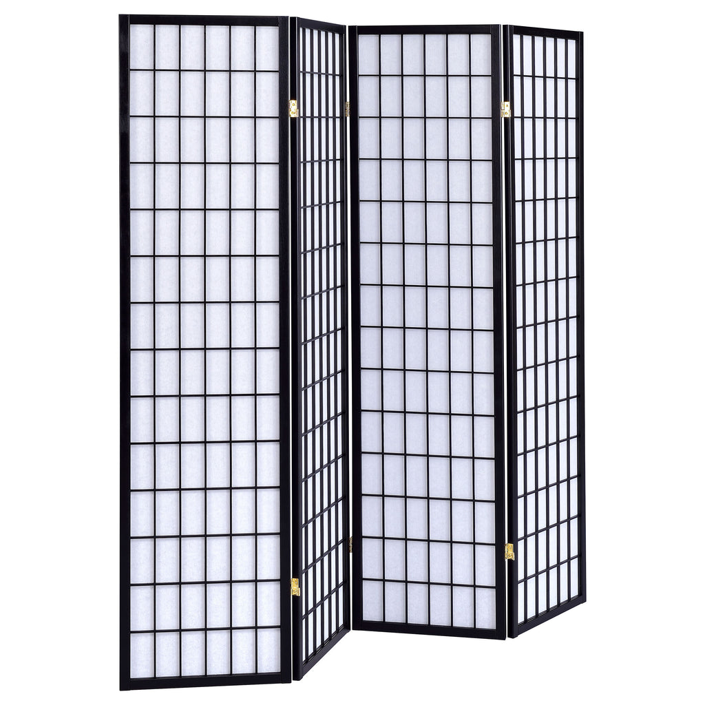 Sartre Black 4-Panel Room Divider Folding Shoji Screen with Rubberwood Frame and White Paper Panels in Black Finish
