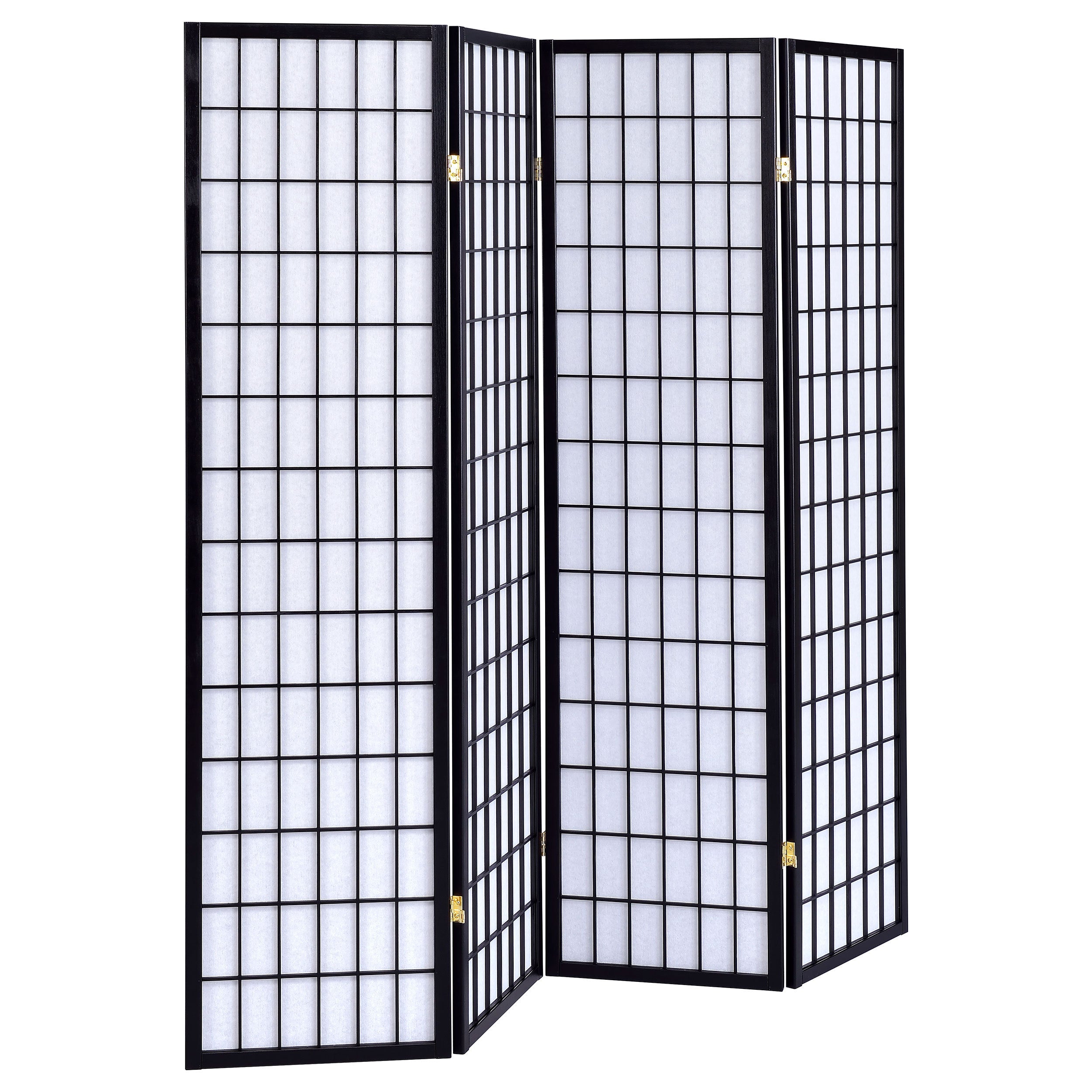 Sartre Black 4-Panel Room Divider Folding Shoji Screen with Rubberwood Frame and White Paper Panels in Black Finish