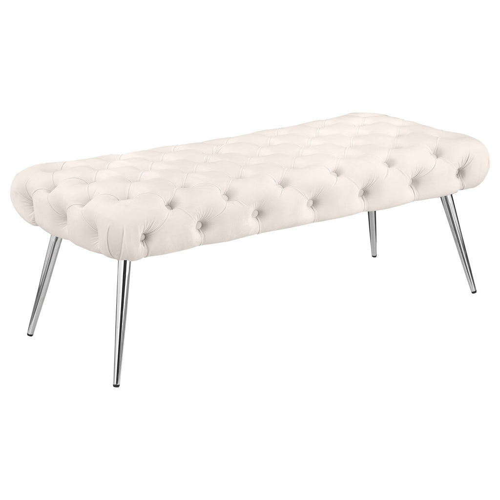 Galiano Ivory Upholstered Tufted Bench with Polished Stainless Steel Legs, Ivory Velvet, 47W x 20D x 18H inches