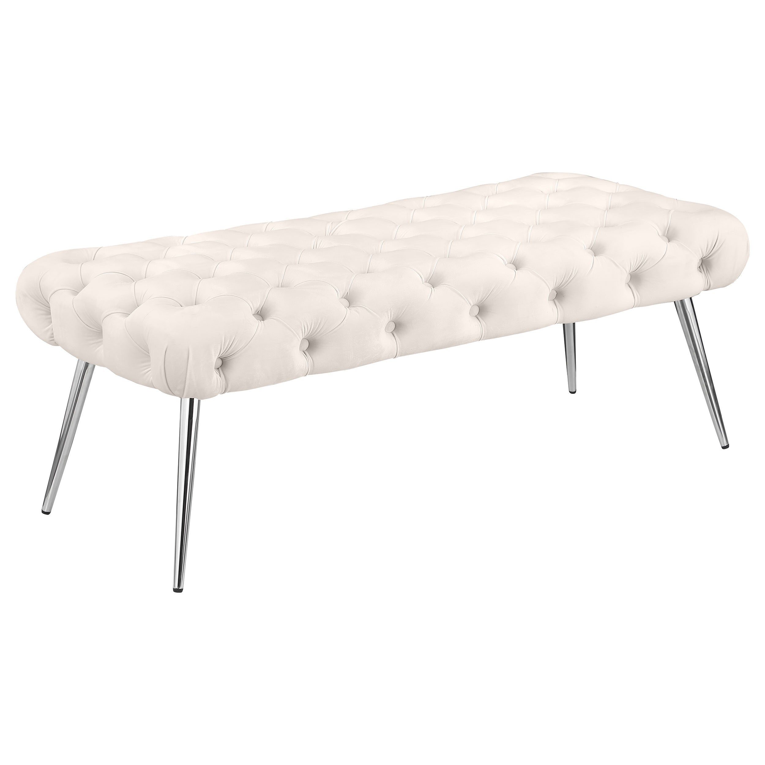 Galiano Ivory Upholstered Tufted Bench with Polished Stainless Steel Legs, Ivory Velvet, 47W x 20D x 18H inches