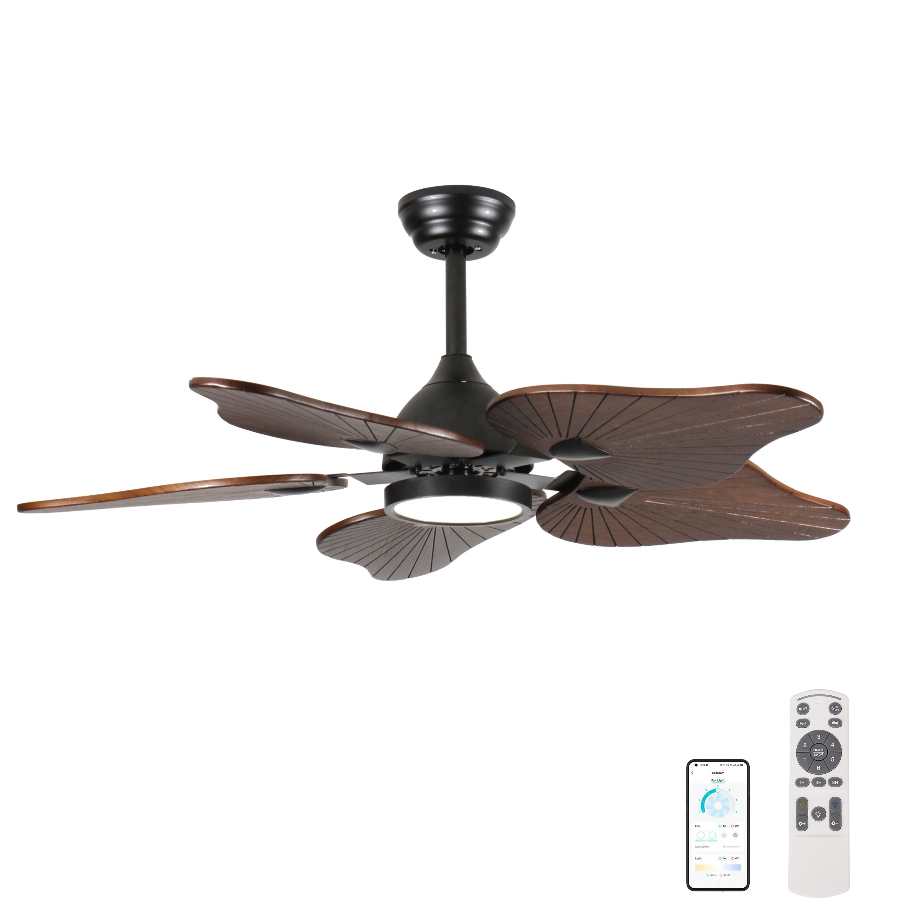 44-Inch Ceiling Fan with Light, 5 Solid Wood Blades, DC Motor, APP & Remote Control, Dimmable Full-Spectrum LED, Reversible Airflow, for 15x15 ft Living Room Bedroom, Works on Sloped Ceilings (<15°)