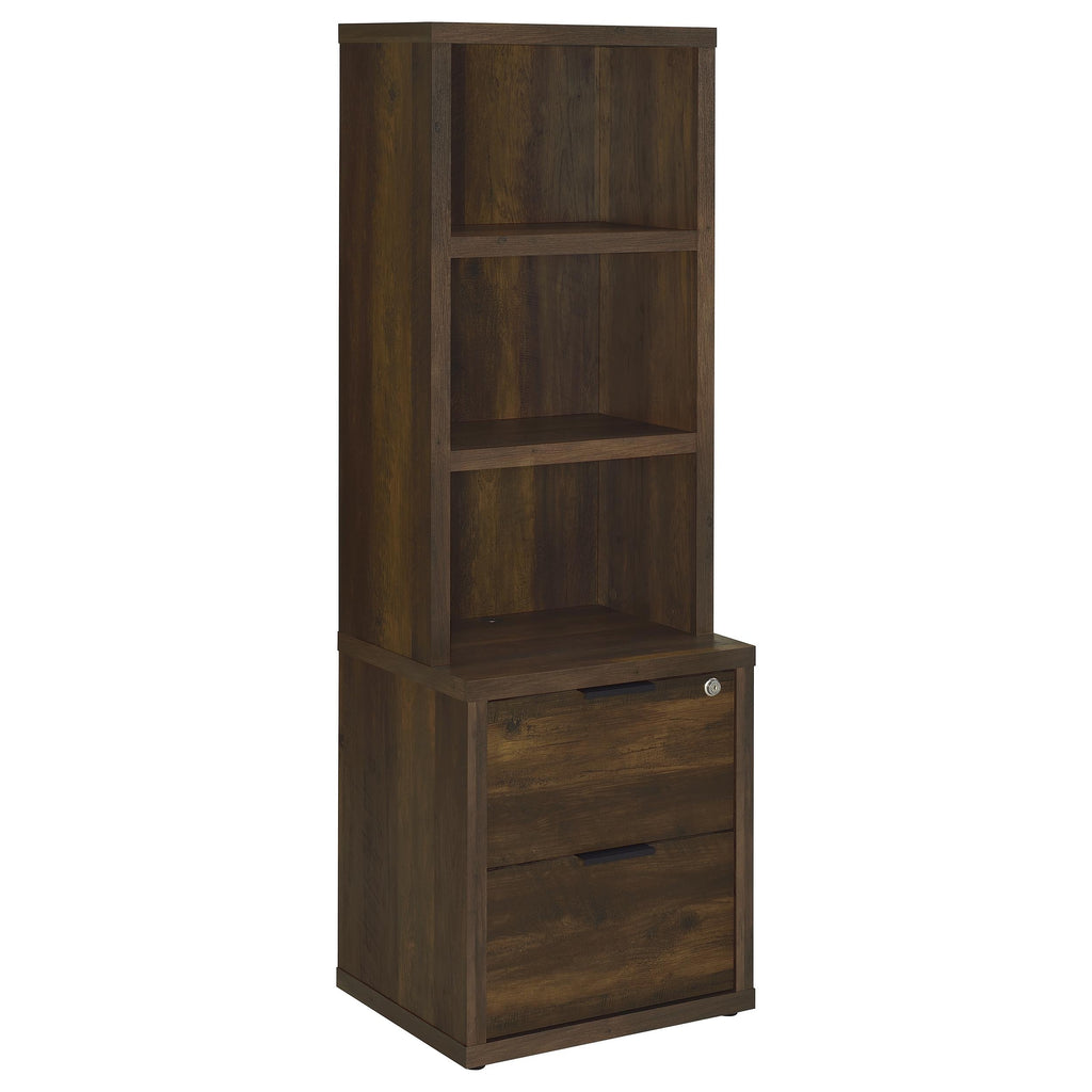 Geary Dark Pine 3-Shelf Bookcase with USB Charging and Lockable Top Drawer in Dark Brown Engineered Wood
