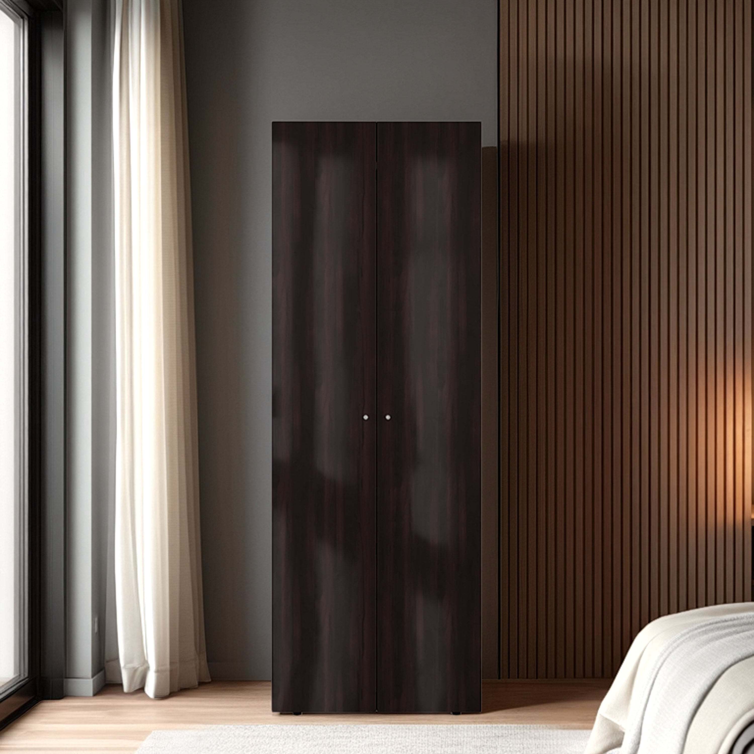 Stained Walnut 2-Door Tall Wardrobe Cabinet with 4 Shelf and Vertical Storage