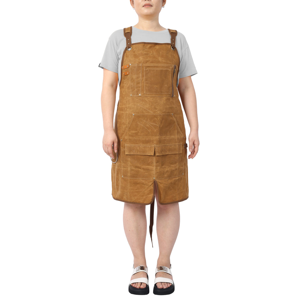Long Heavy Duty Waxed Canvas Tool Apron, Carpenter Aprons, Woodworking Aprons, Carpenters Water-Resistant 18 Oz ,Fully Adjustable to Comfortably Fit Men and Women