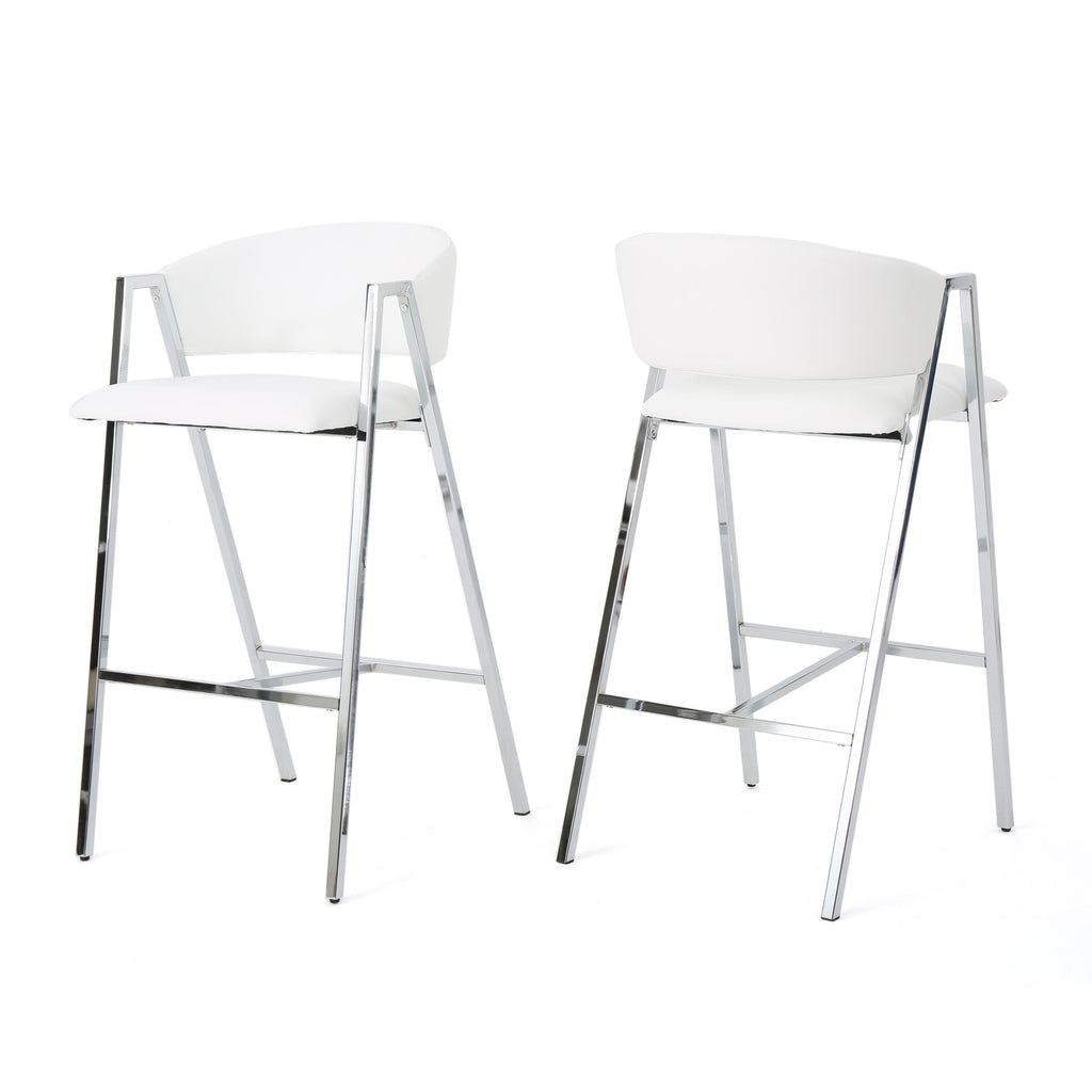 Modern Bar Stools Set of 2 with Low Back and Arms in Ivory PU Upholstery and Durable Metal Frame