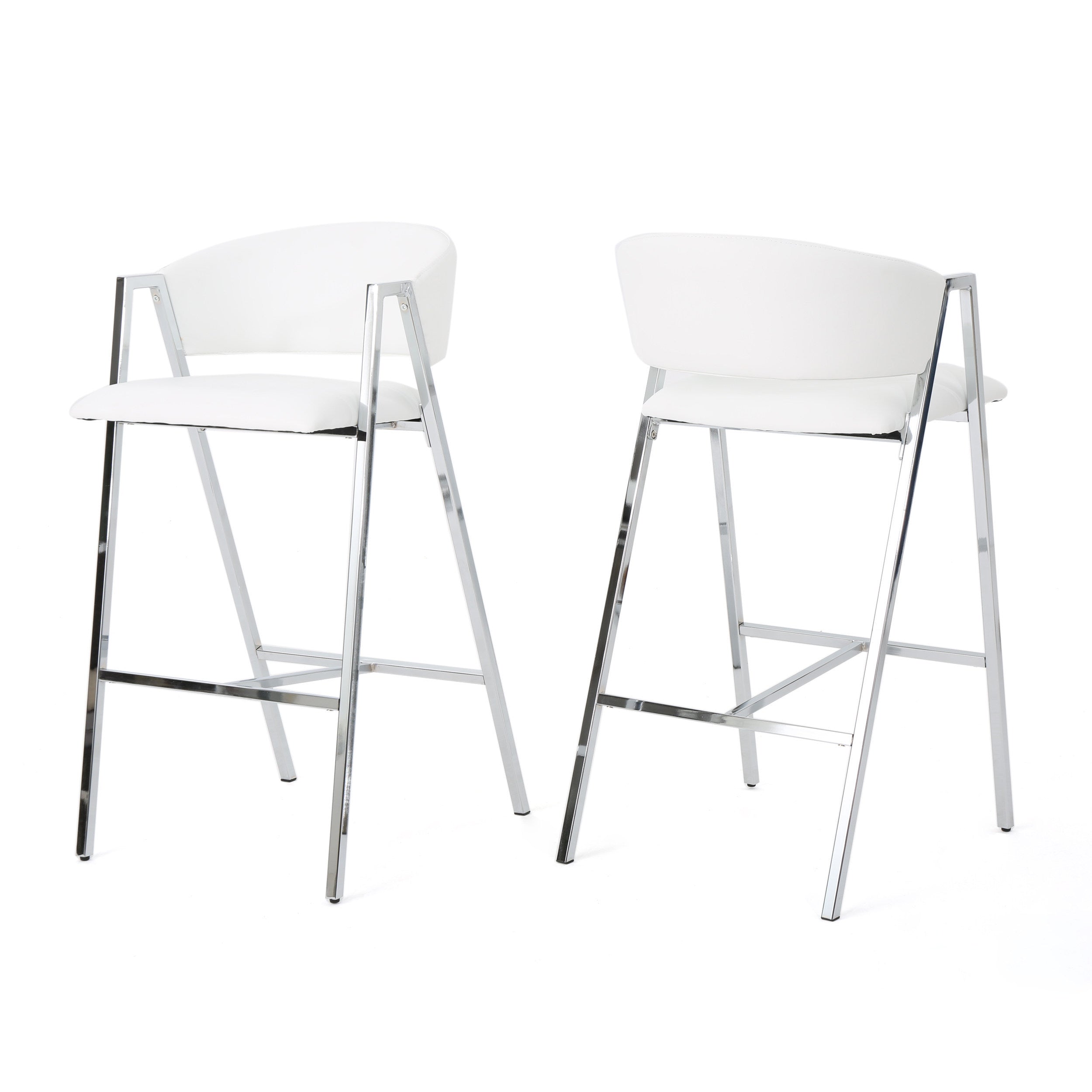 Modern Bar Stools Set of 2 with Low Back and Arms in Ivory PU Upholstery and Durable Metal Frame