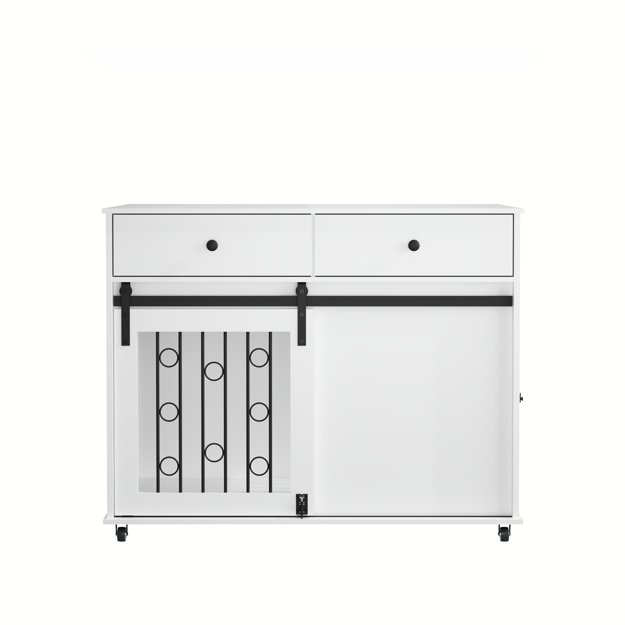 Modern White Wooden Dog Crate Furniture with Double Drawers and Sliding Barn Door, Stylish Pet Kennel for Small to Medium Dogs – MDF Construction, 39.37''