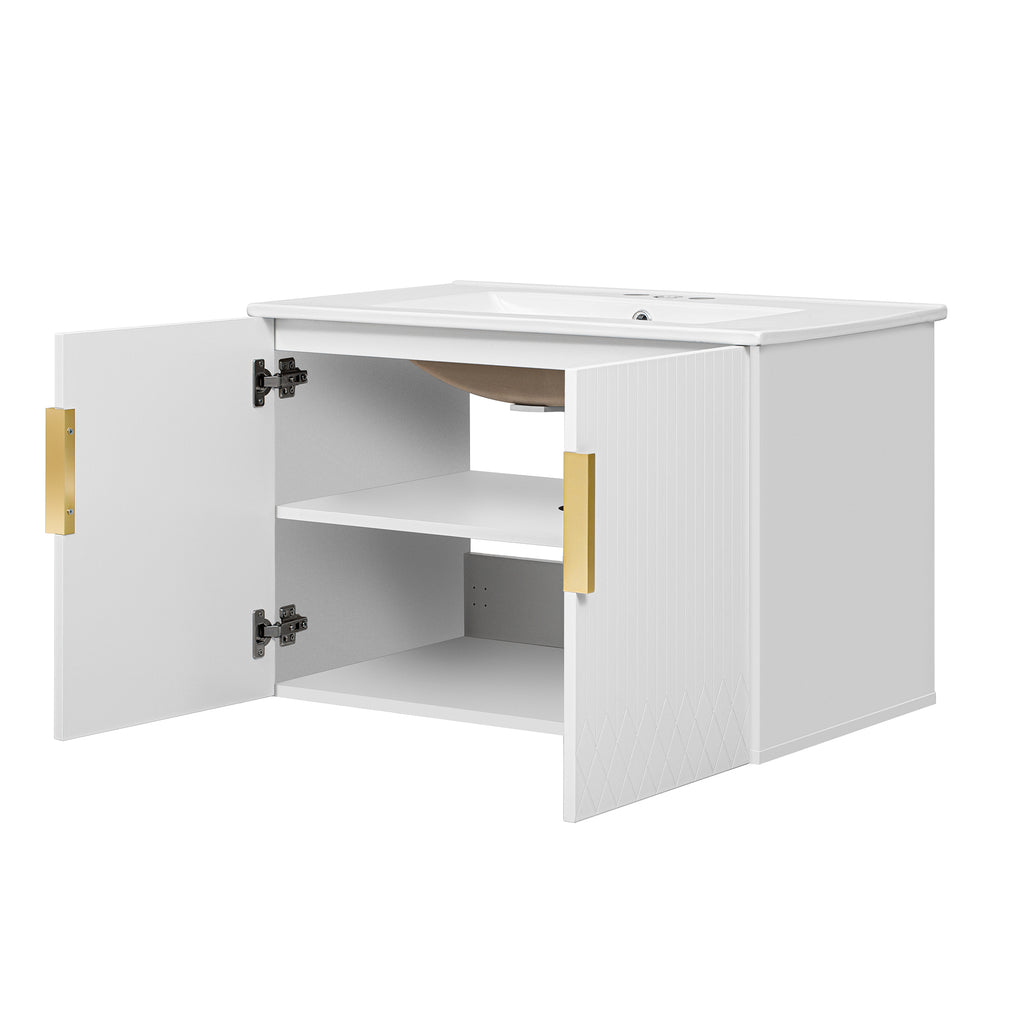 30' Vintage Bathroom Vanity with Ceramic Sink, White Glossy Finish, MDF and Solid Wood Construction, Rectangular Storage Cabinet with 2 Soft-Closing Doors