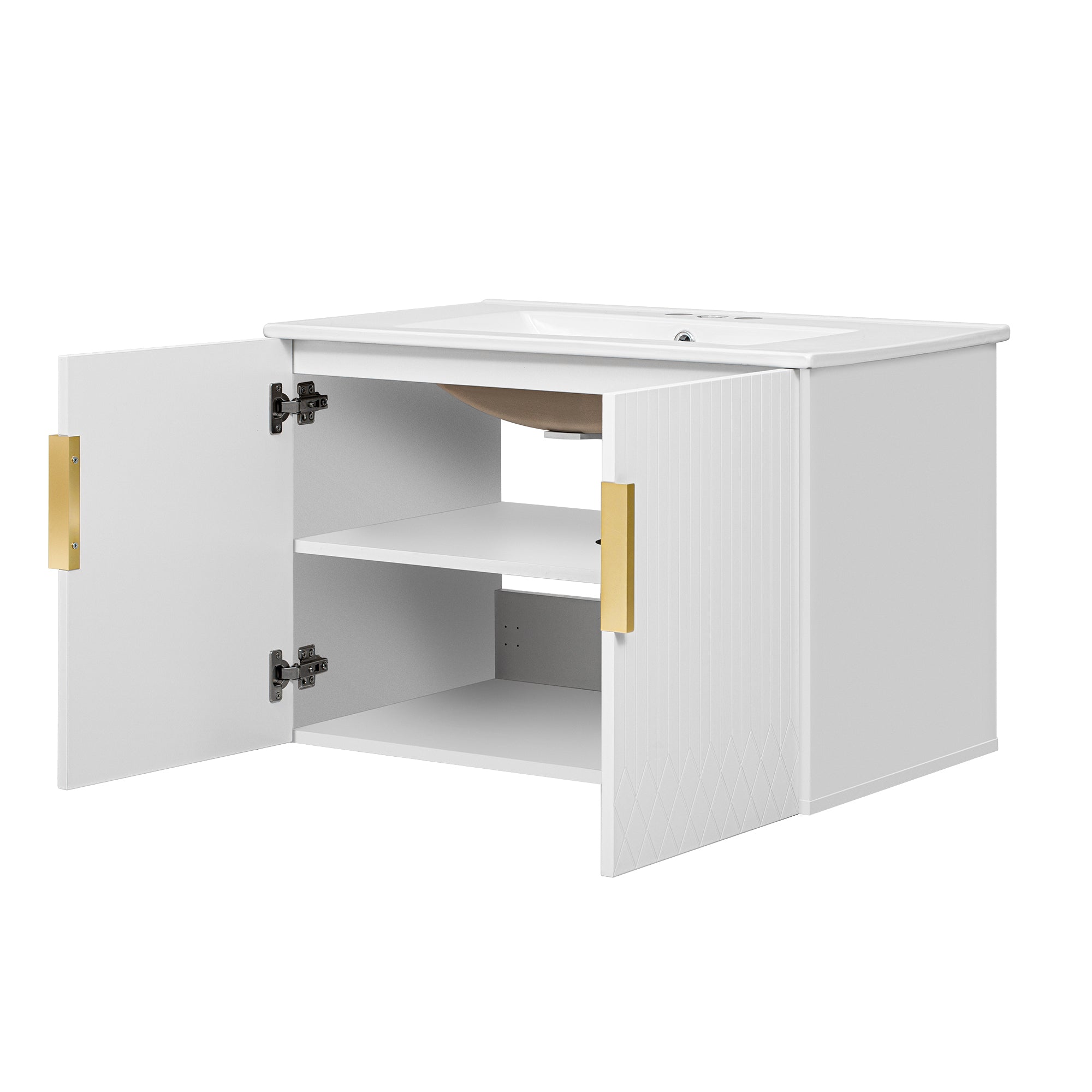 30' Vintage Bathroom Vanity with Ceramic Sink, White Glossy Finish, MDF and Solid Wood Construction, Rectangular Storage Cabinet with 2 Soft-Closing Doors