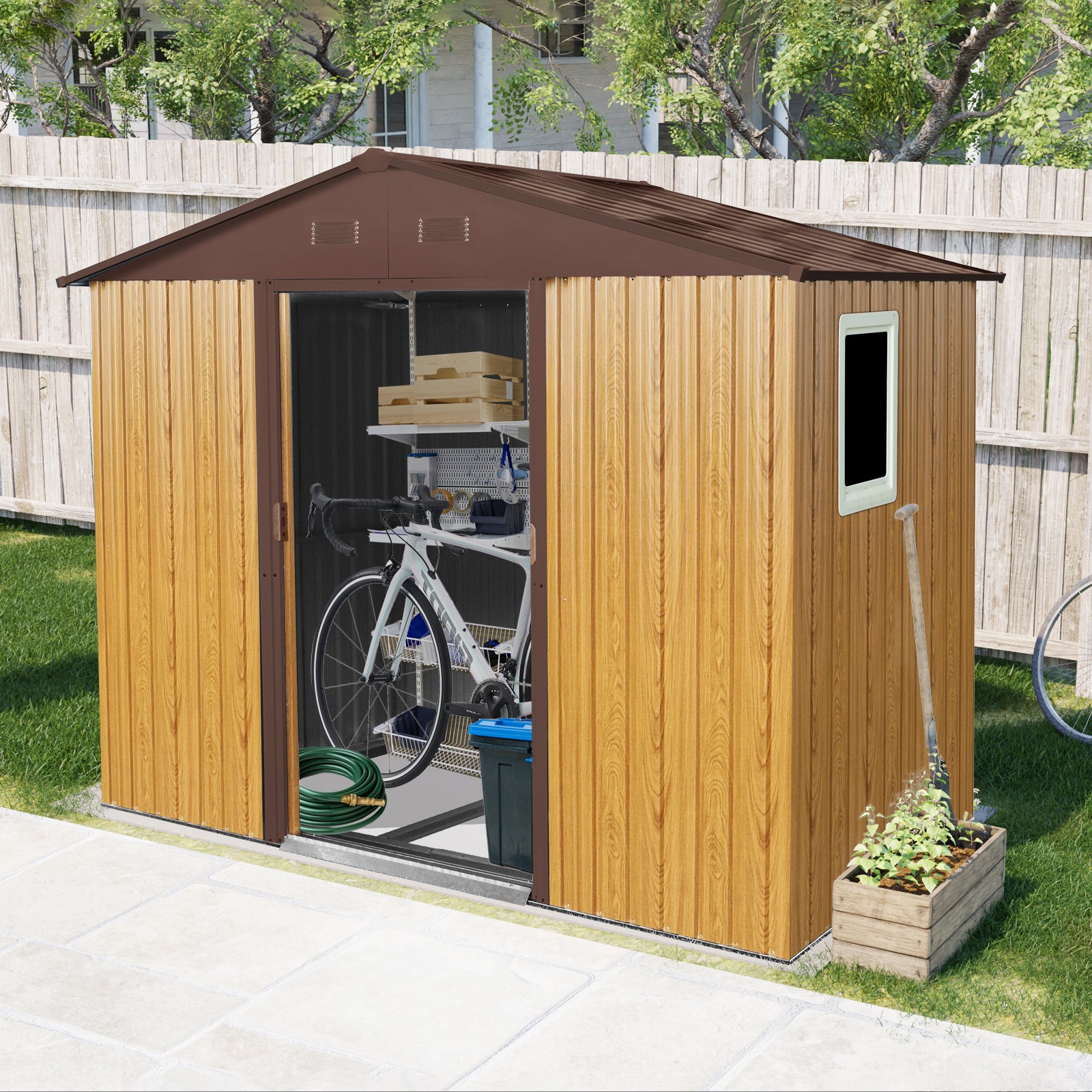 8 ft x 4 ft Outdoor Metal Storage Shed with Window and Metal Foundation for Backyard, Patio, Lawn (Coffee)
