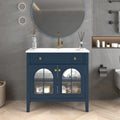 35.6' Mid-Century Bathroom Vanity Sink with Patterned Glass & Motion-sensor Light Strip, Farmhouse Freestanding Bathroom Vanity Sink with Storage, High-end Restroom Vanity Cabinet,Blue