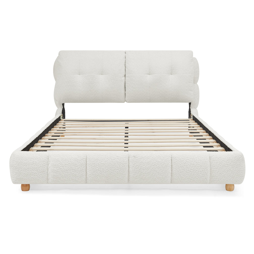 Modern Luxury Queen Cream Bouclé Upholstered Platform Bed with Solid Wood Legs, No Box Spring Needed