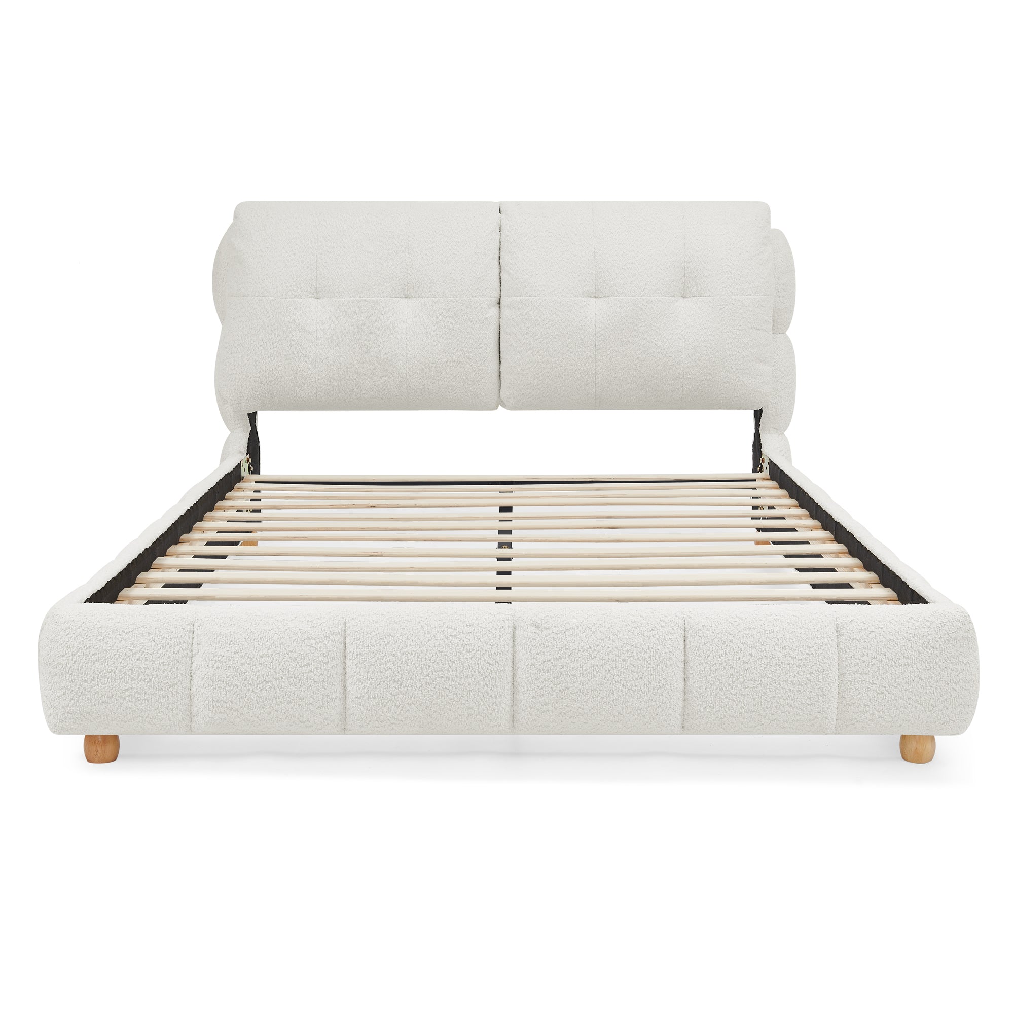 Modern Luxury Queen Cream Bouclé Upholstered Platform Bed with Solid Wood Legs, No Box Spring Needed
