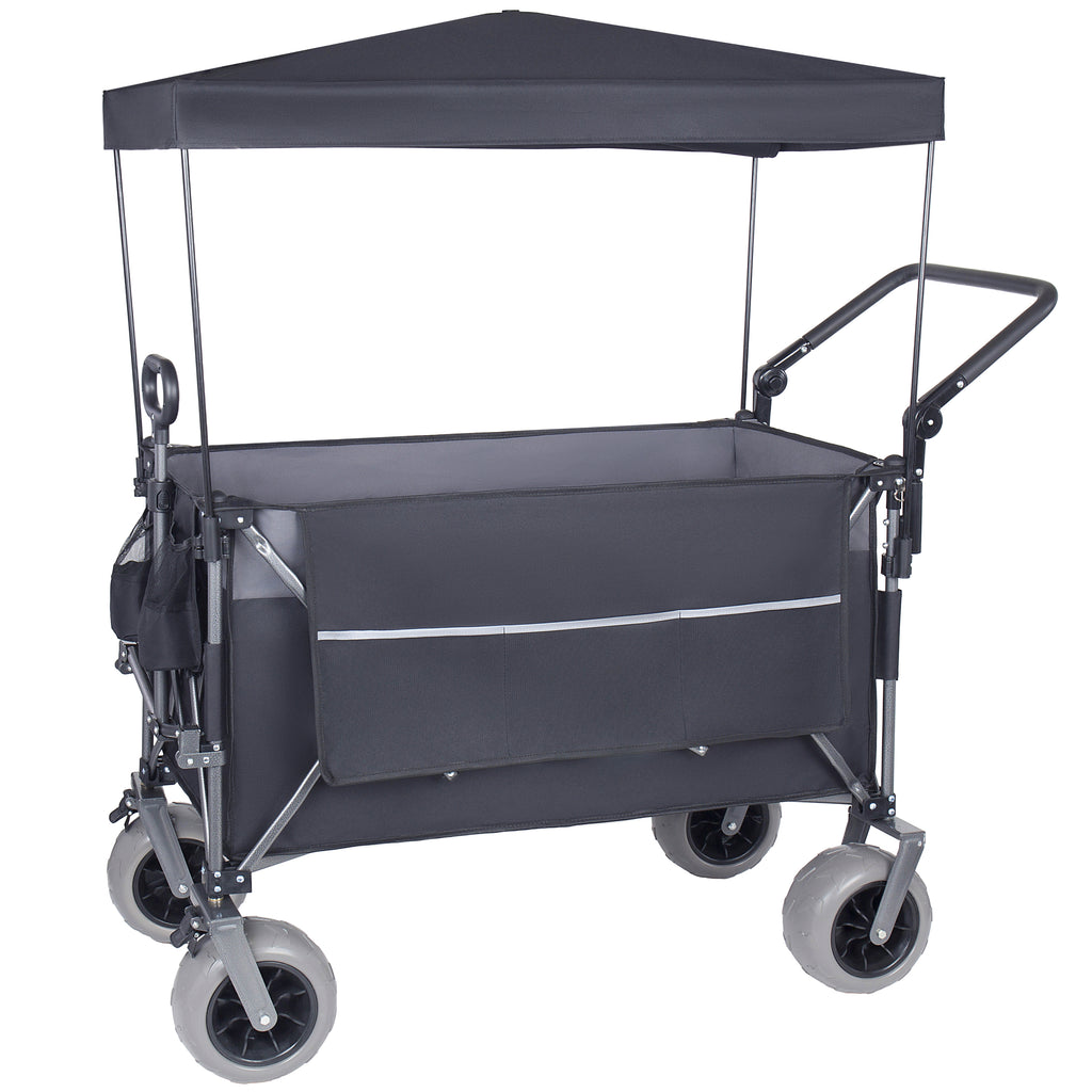 Multi-Functional Push-Pull Folding Wagon Cart with Rotating Handle & Canopy, 9'x4' Beach Tires for Camping & Beach, Load Capacity 480lbs, 300L Large Capacity for Transport, Groceries, Outdoor Use