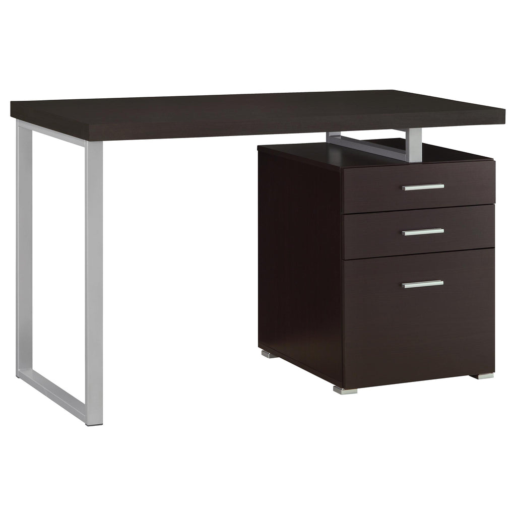 Cappuccino 3-Drawer Reversible Office Desk with Silver Metal Legs, Wood Finish, 47.25in W x 23.5in D x 30in H