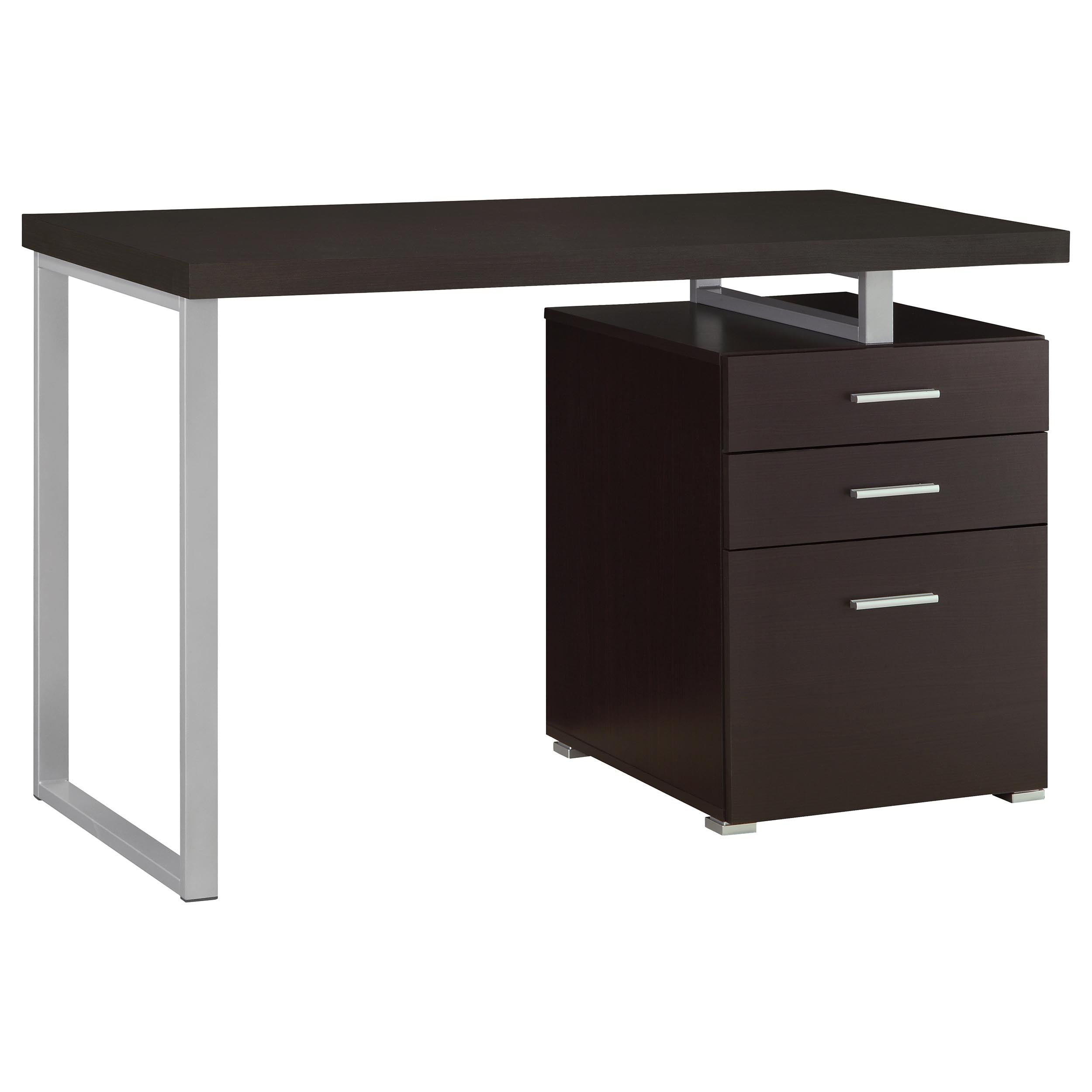 Cappuccino 3-Drawer Reversible Office Desk with Silver Metal Legs, Wood Finish, 47.25in W x 23.5in D x 30in H