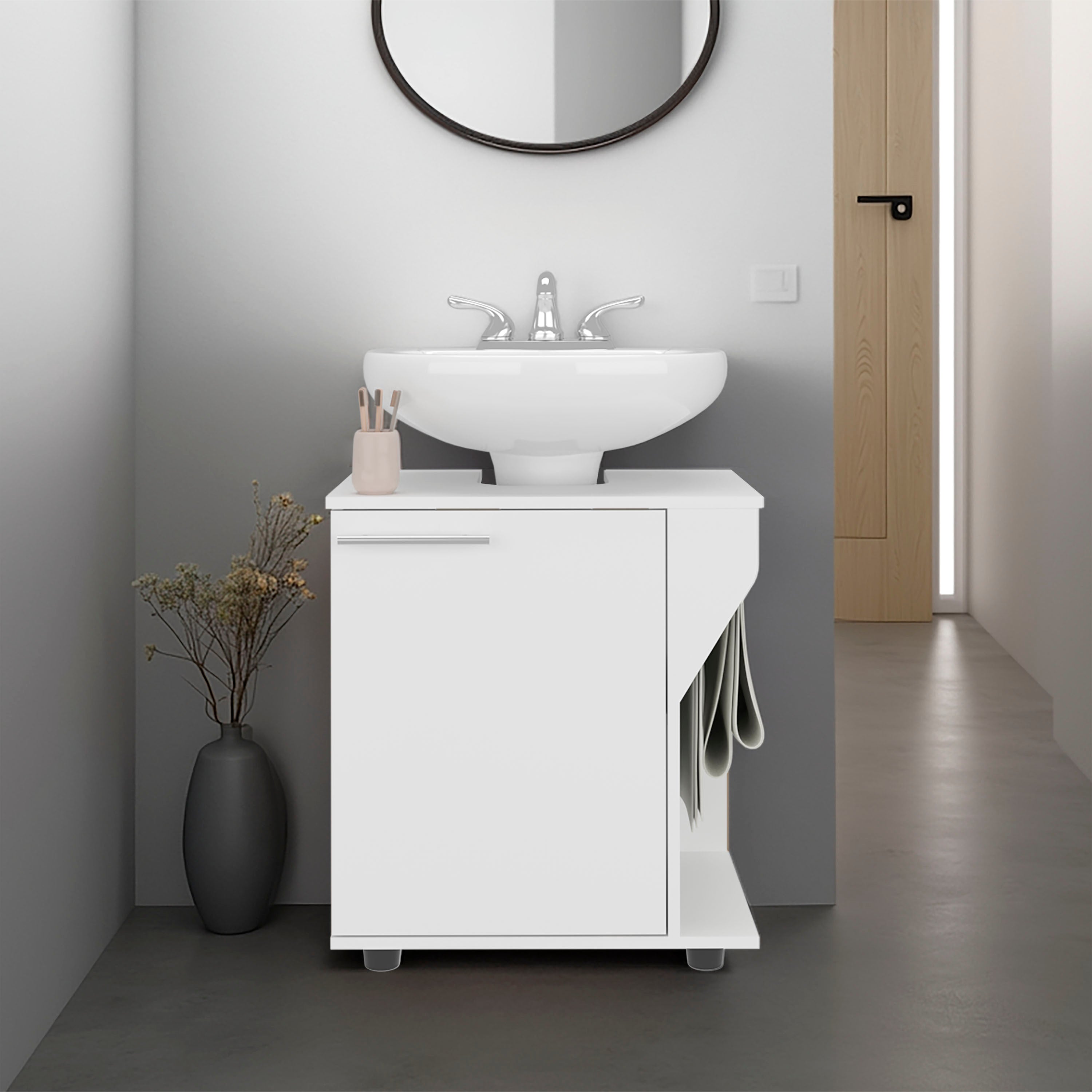 Phillips Under Sink Cabinet, Double Door Storage with Open Back for Pipes, Wide Unit, Freestanding Cabinet, White
