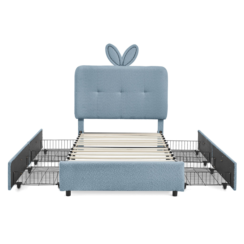 Kids Twin Upholstered Bed with Oversized Rabbit Ear Headboard, LED Light & 4 Storage Drawers in Navy Boucle Fabric, 79.5''X40.75''X41''
