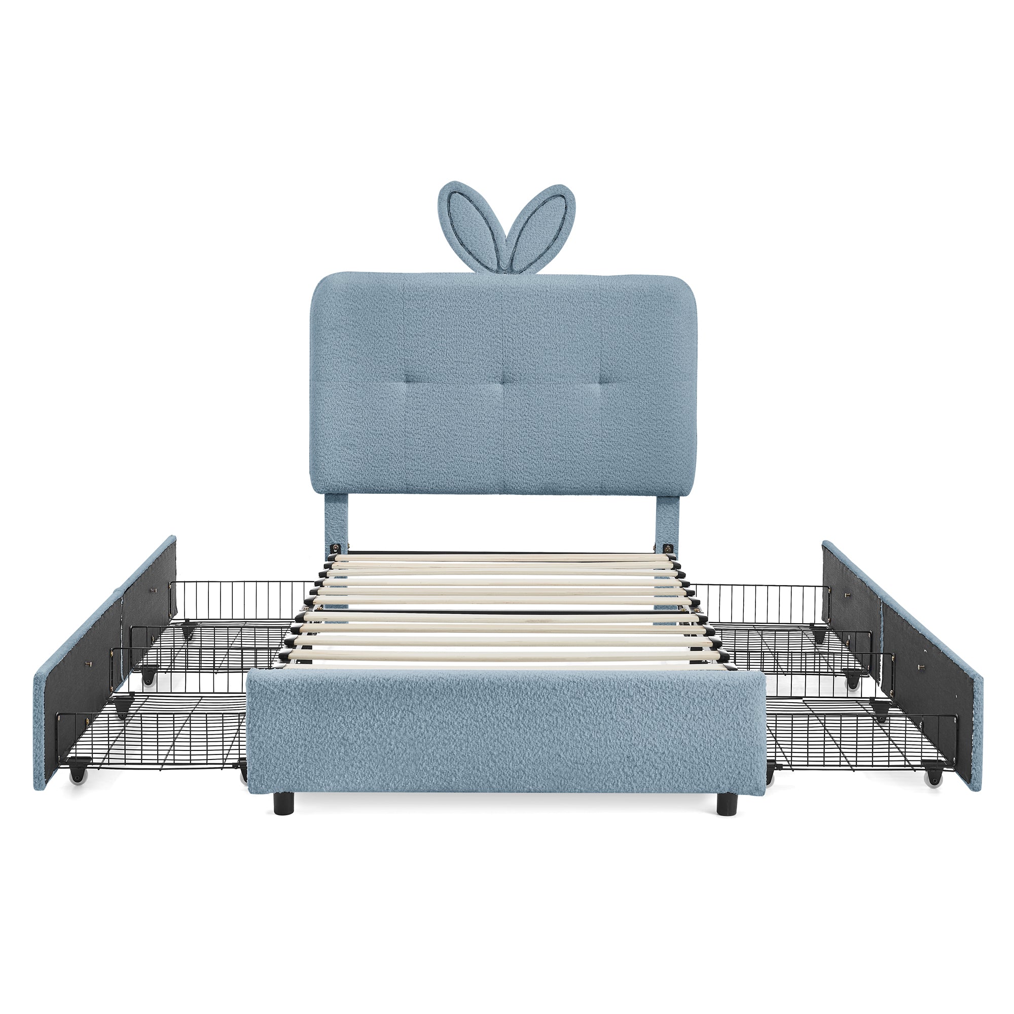 Kids Twin Upholstered Bed with Oversized Rabbit Ear Headboard, LED Light & 4 Storage Drawers in Navy Boucle Fabric, 79.5''X40.75''X41''