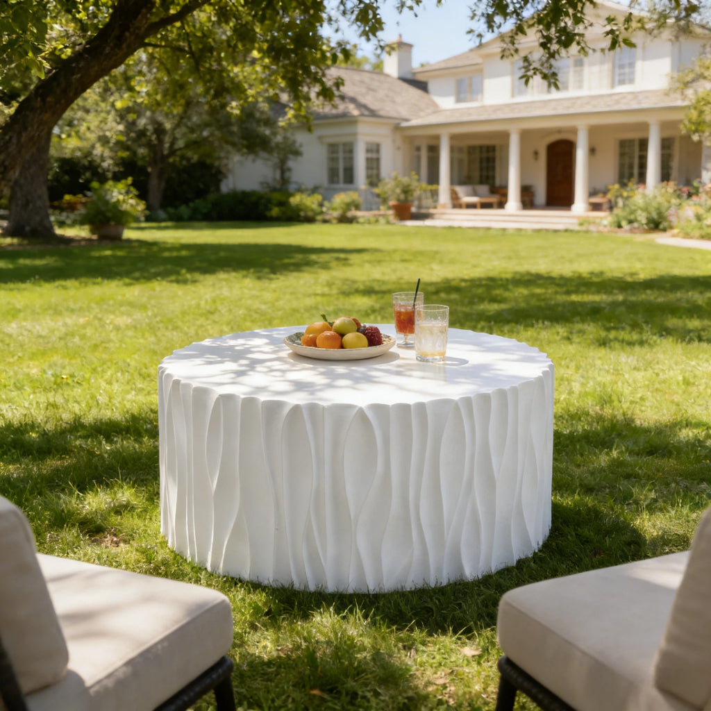 Modern White Outdoor Coffee Table with Wavy Fluted Design - 26.77' Round, 14.76' H, MGO Material, 66 lbs Capacity, Assembly-Free for Patio, Garden, or Balcony