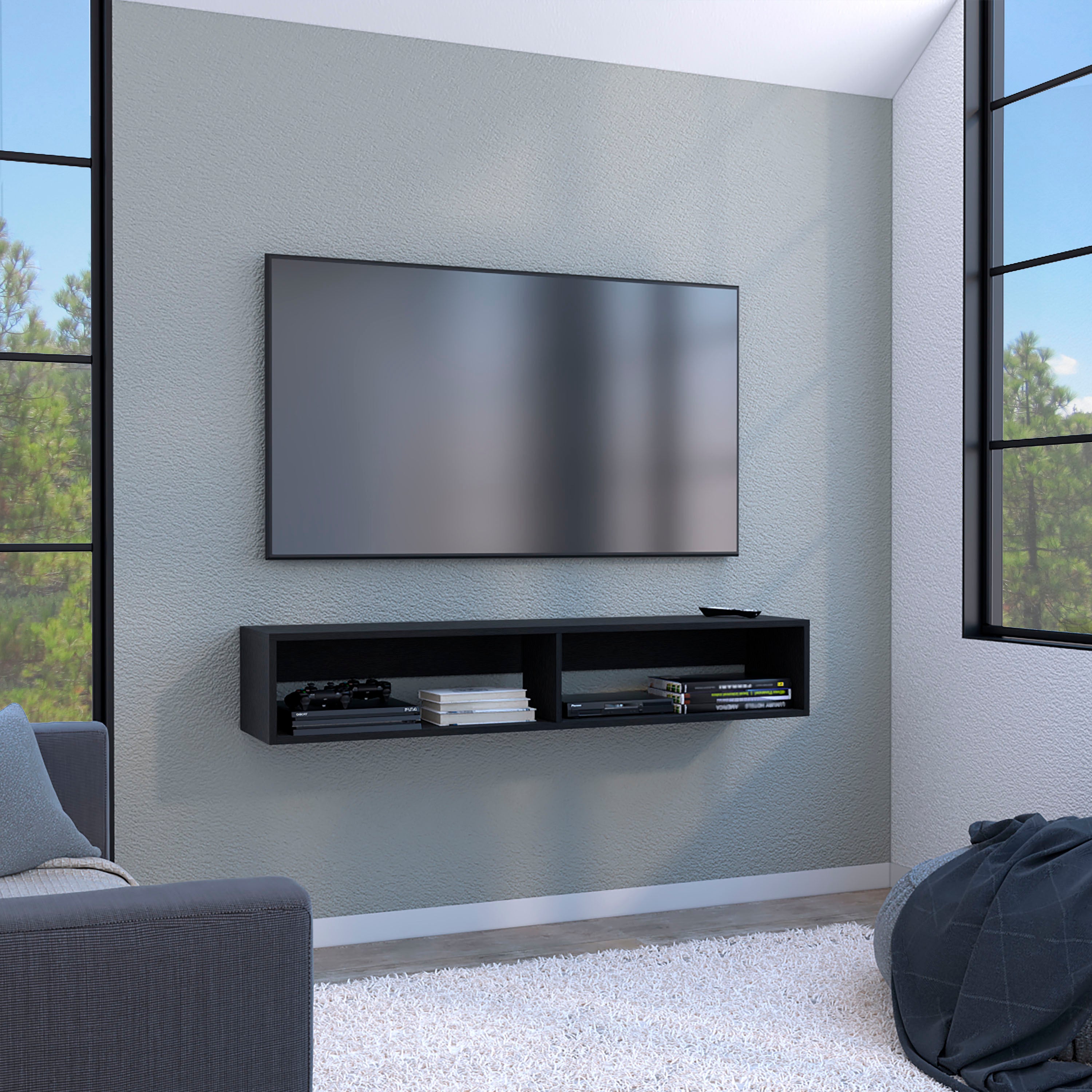 Warrior 59' Floating Tv Stand with Two open shelves, media compartments and cable management Black