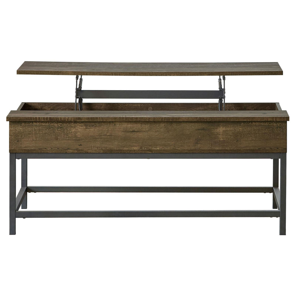Brown Oak and Sandy Black Lift Top Coffee Table with Adjustable Height, Wood and Metal Design