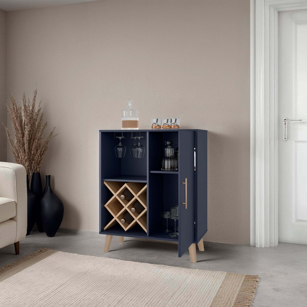 Kronos Blue and Natural Oak Bar Cabinet with Wine Rack