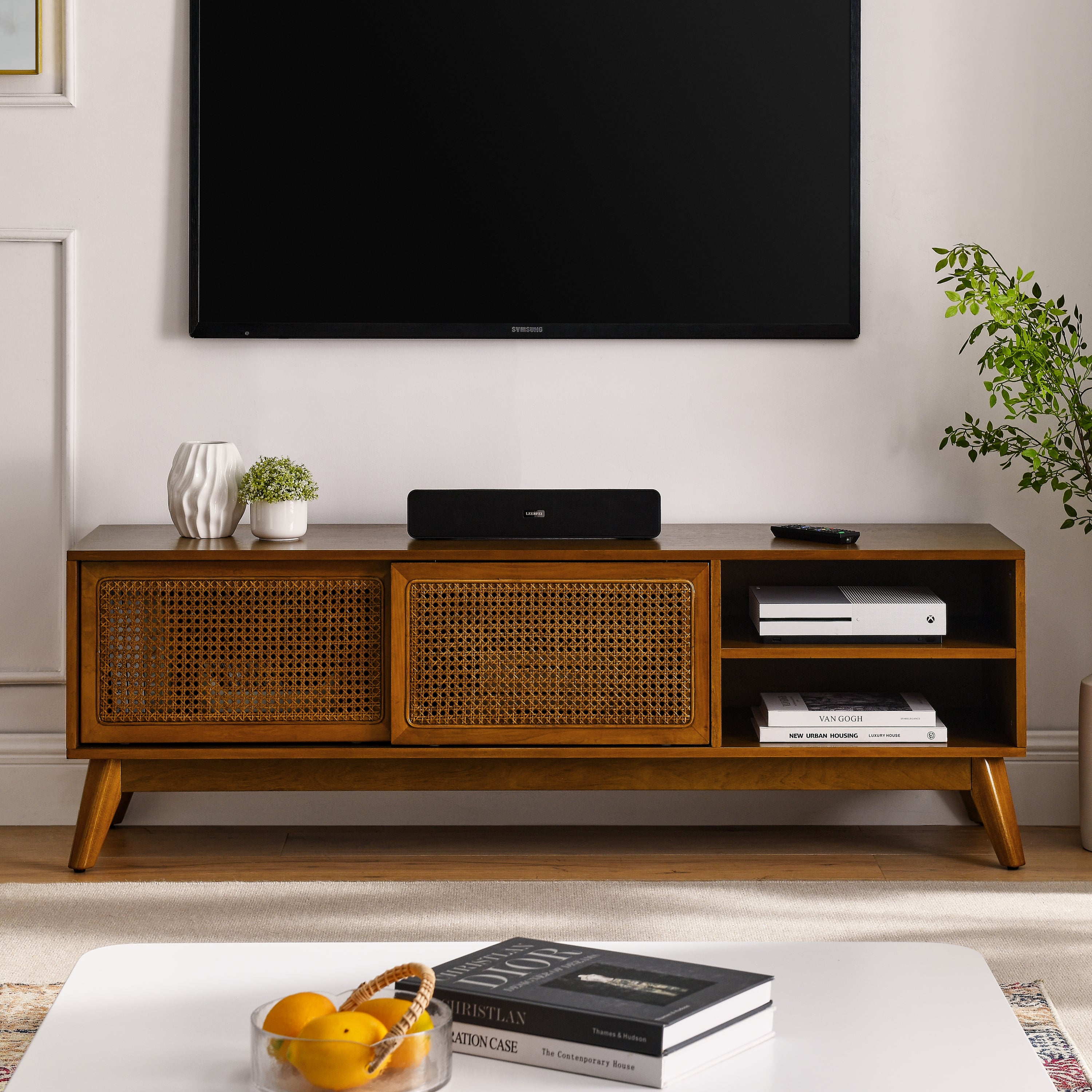59 Inch Mid Century Modern Rattan TV Stand for 65 Inch TV, Entertainment Cabinet, Media Console for Living Room Media Room, Solid Wood Feet & Rattan Cabinet Doors - Light Wood