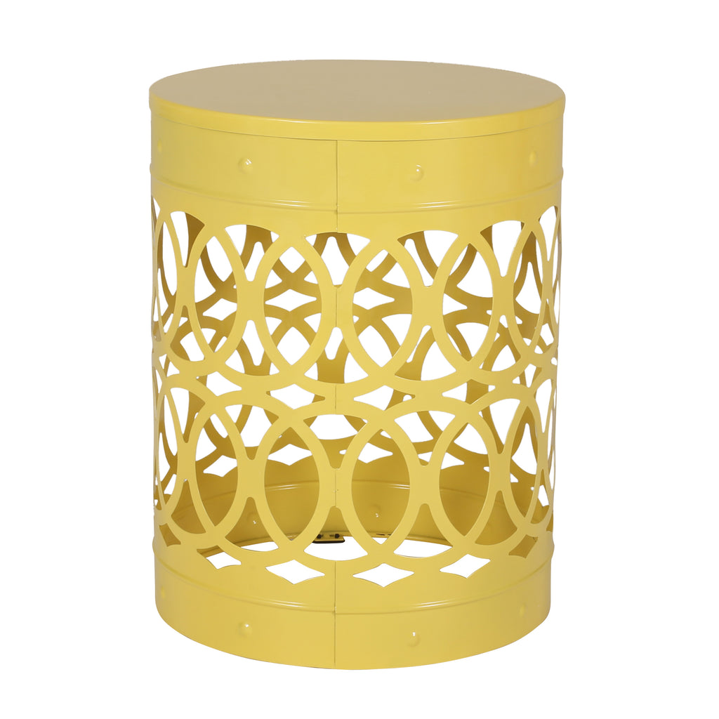 Modern Outdoor Metal End Table with Iron Cut Design in Yellow, 13.75 x 13.75 x 18 Inches
