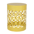 Modern Outdoor Metal End Table with Iron Cut Design in Yellow, 13.75 x 13.75 x 18 Inches