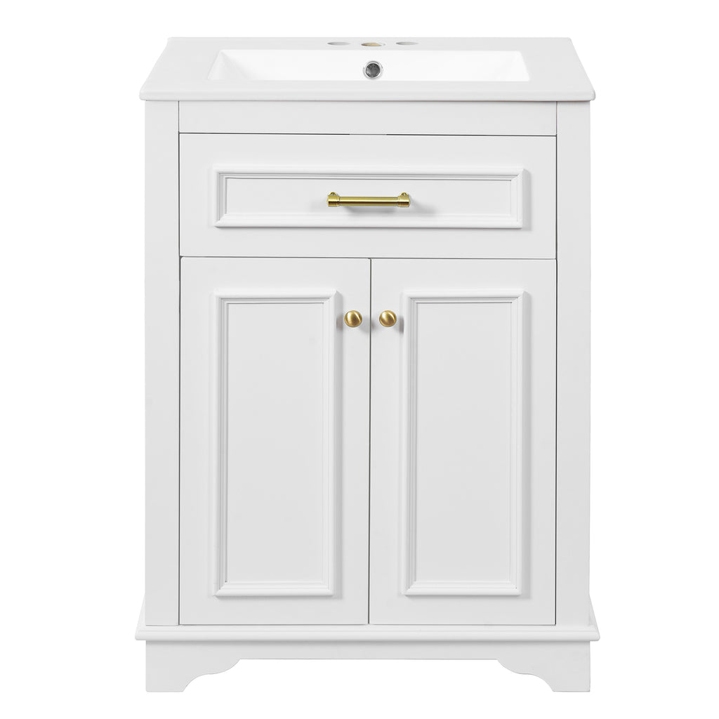 Modern 24' Bathroom Vanity with Integrated Ceramic Sink, White MDF Cabinet with 1 Tip-Out Drawer and Soft-Closing Doors, Ideal for Small to Medium Bathrooms