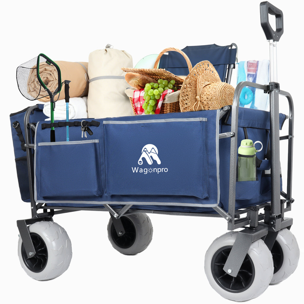 Beach Wagon with Big Wheels for Sand 500lbs capacity - Patented design, All Terrain Steel Frame Utility Cart with 9' Pneumatic Tires, Collapsible Folding Design ,strap with multiuse bag , dark blue
