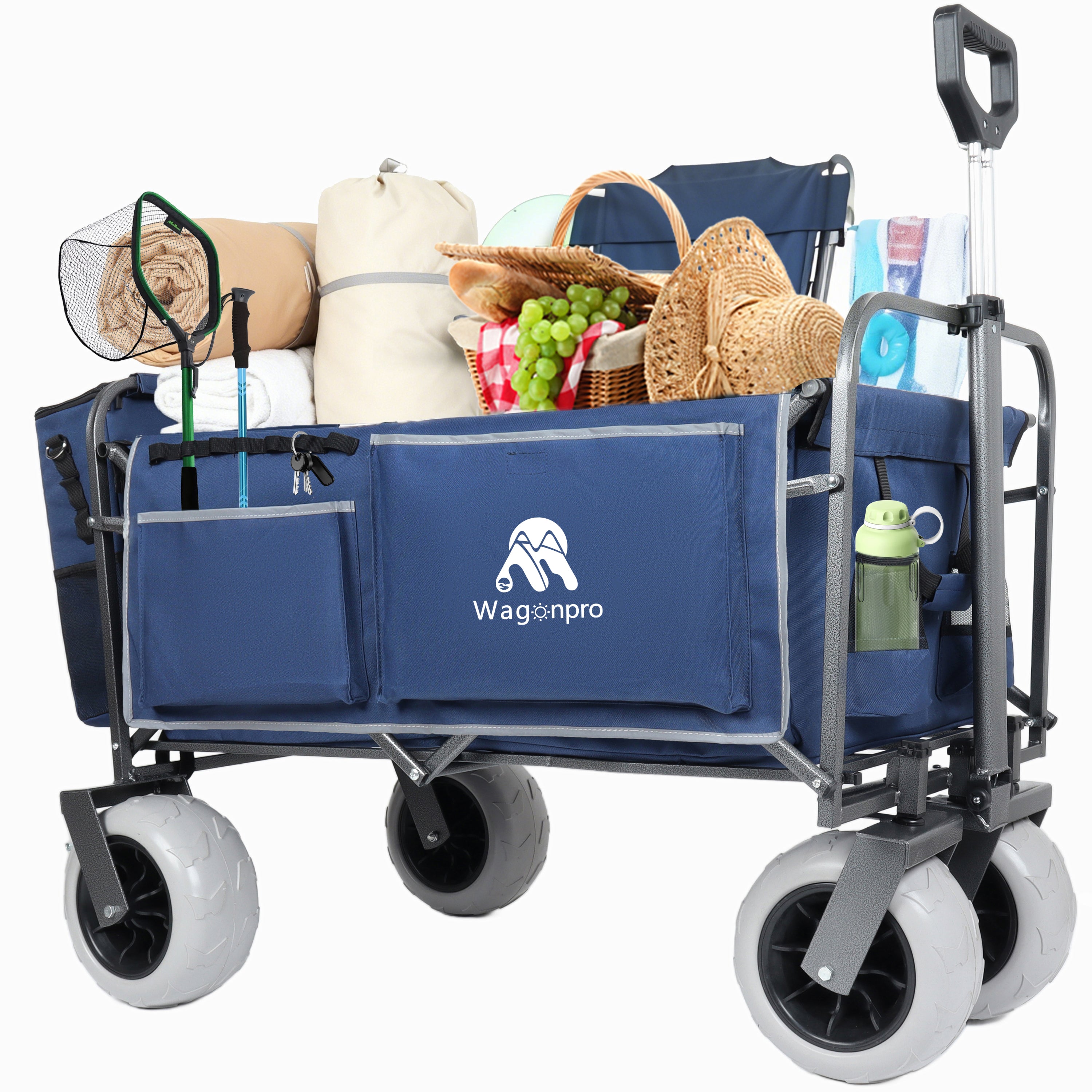 Beach Wagon with Big Wheels for Sand 500lbs capacity - Patented design, All Terrain Steel Frame Utility Cart with 9' Pneumatic Tires, Collapsible Folding Design ,strap with multiuse bag , dark blue