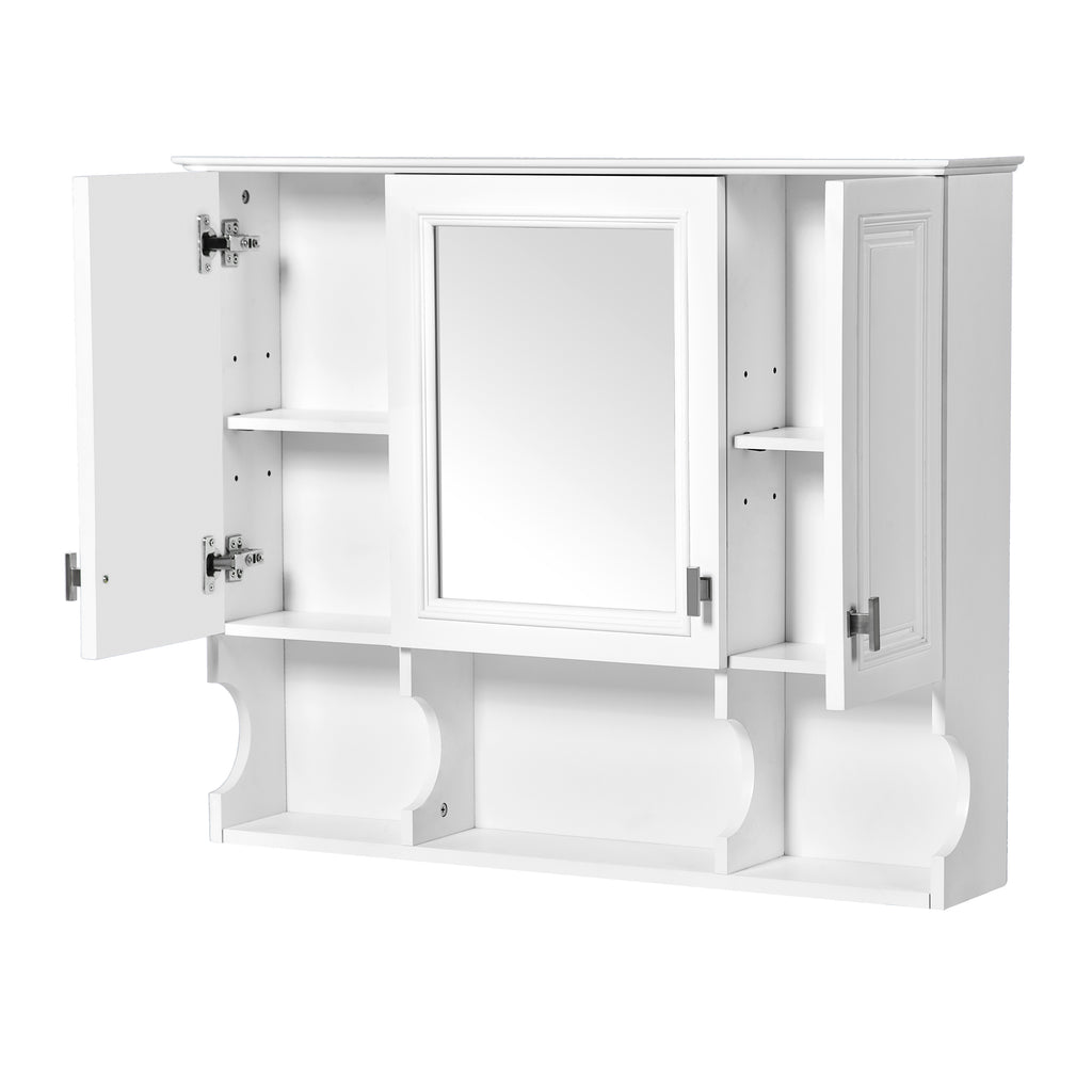 Modern White Wall-Mounted Bathroom Medicine Cabinet with Mirror and Adjustable Shelves, 35'' x 28'' MDF & Rubberwood Construction